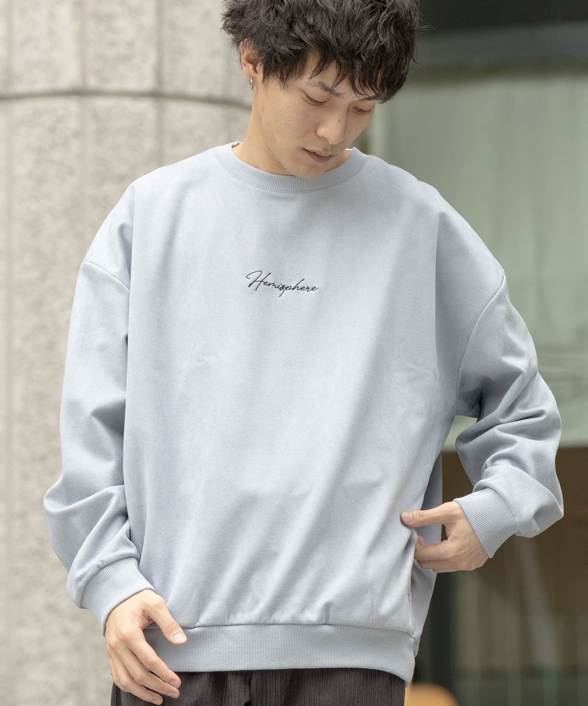 裏起毛 フェイクスエード クルーネック スウェット トップス MEN SMOKE BLUE M 裏起毛 フェイクスエード クルーネック スウェット トップス MEN SMOKE BLUE M