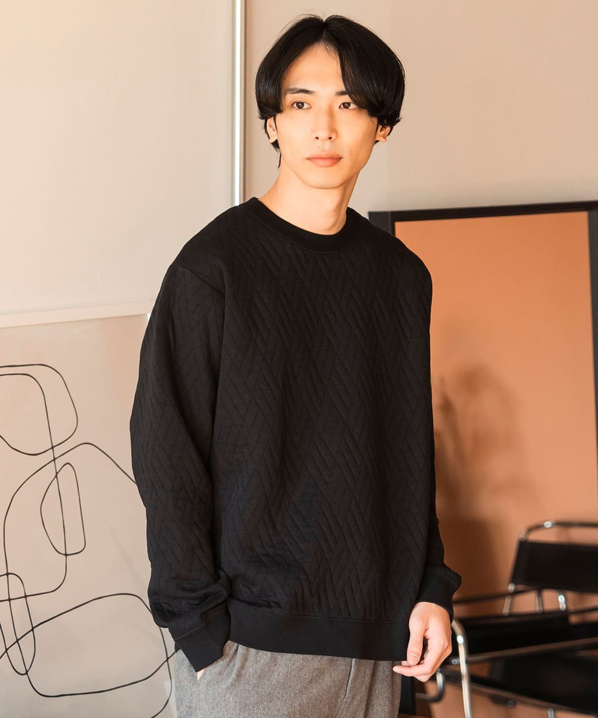 ジオメトリック キルト クルーネック スウェット トップス MEN BLACK S ジオメトリック キルト クルーネック スウェット トップス MEN BLACK S