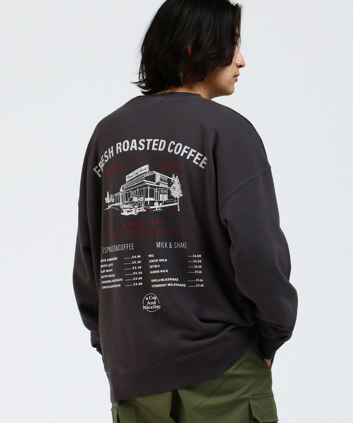 カフェ プリント スウェット トップス MEN CHARCOAL GREY S カフェ プリント スウェット トップス MEN CHARCOAL GREY S