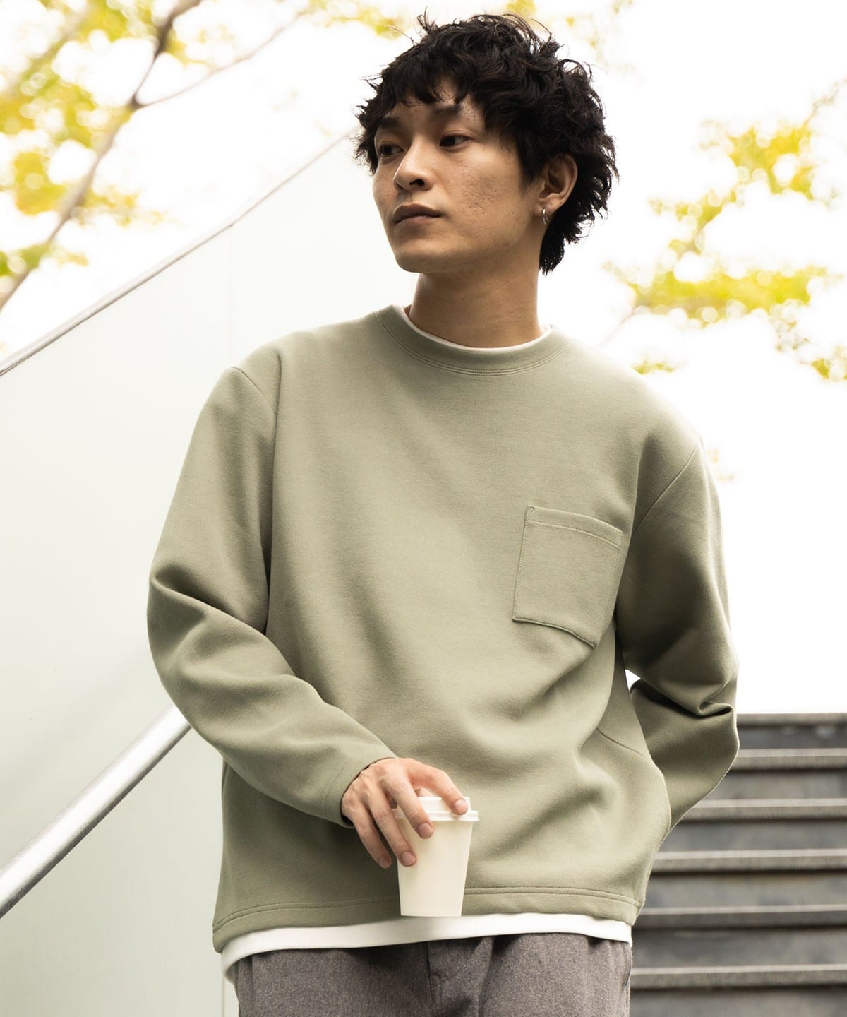 フェイクレイヤー カノコ ダンボール ロング スリーブ Tシャツ Tシャツ・カットソー MEN GREYISH GREEN XL フェイクレイヤー カノコ ダンボール ロング スリーブ Tシャツ Tシャツ・カットソー MEN GREYISH GREEN XL
