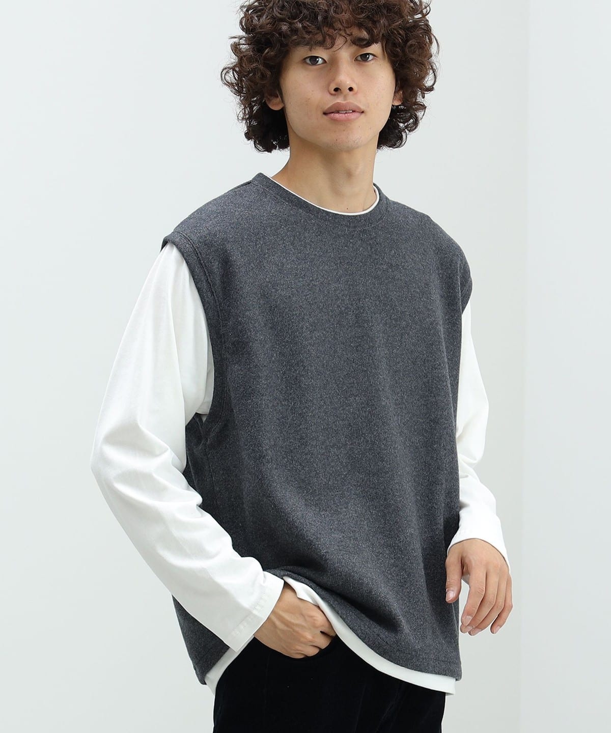 起毛 フェイクレイヤー ベスト ロングスリーブ Tシャツ Tシャツ・カットソー MEN CHARCOAL GREY XL 起毛 フェイクレイヤー ベスト ロングスリーブ Tシャツ Tシャツ・カットソー MEN CHARCOAL GREY XL
