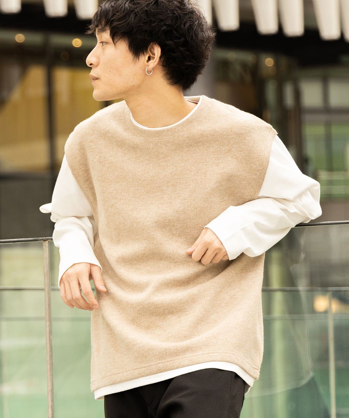 起毛 フェイクレイヤー ベスト ロングスリーブ Tシャツ Tシャツ・カットソー MEN BEIGE L 起毛 フェイクレイヤー ベスト ロングスリーブ Tシャツ Tシャツ・カットソー MEN BEIGE L