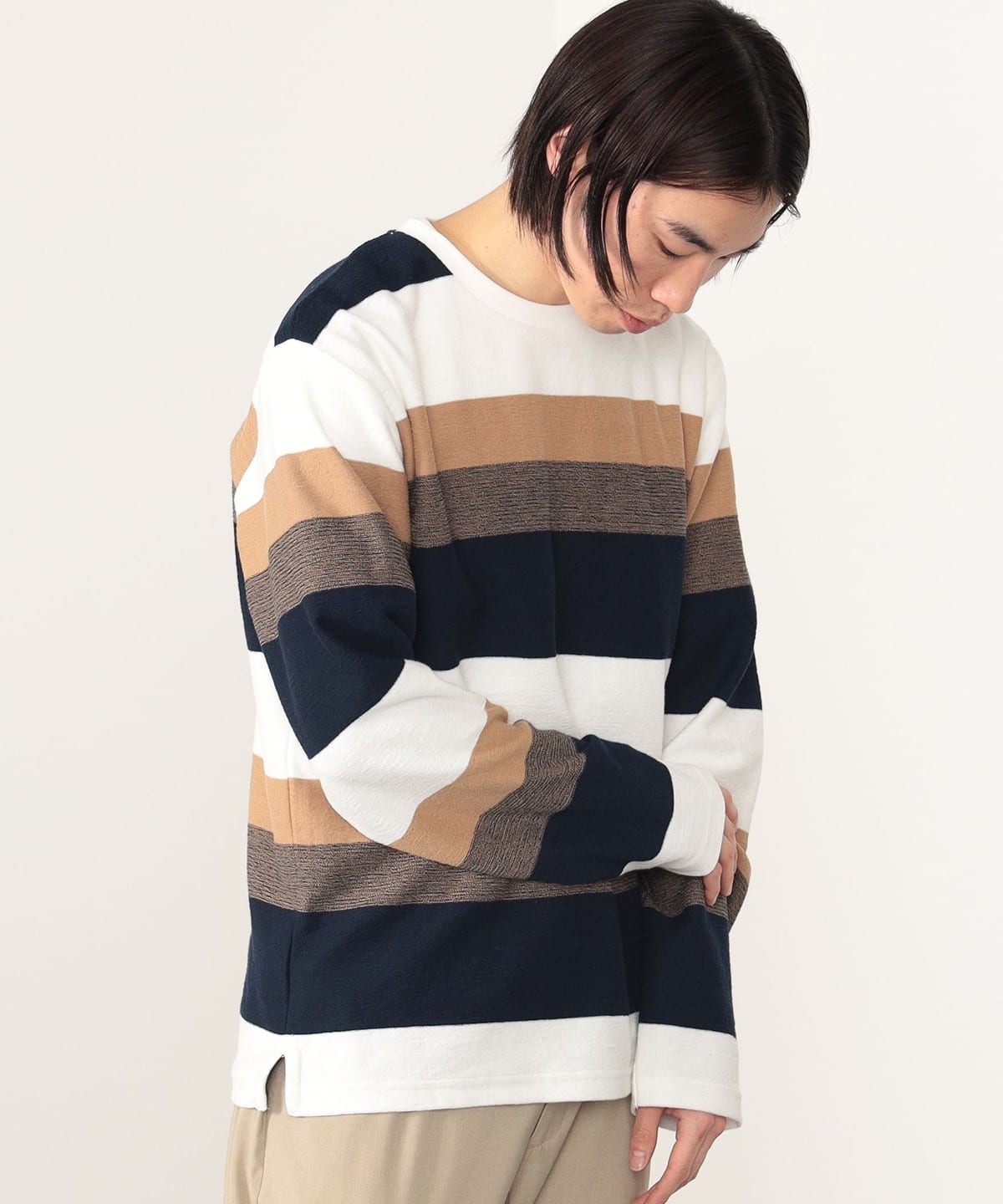 クレープ ボーダー クルーネック カットソー Tシャツ・カットソー MEN BEIGE S クレープ ボーダー クルーネック カットソー Tシャツ・カットソー MEN BEIGE S