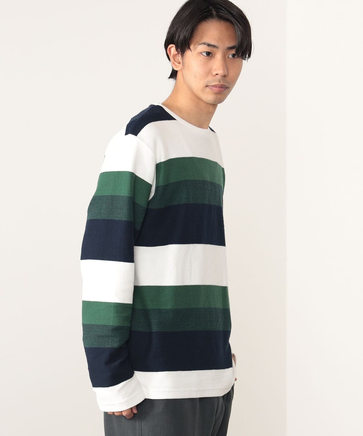 クレープ ボーダー クルーネック カットソー Tシャツ・カットソー MEN GREEN M クレープ ボーダー クルーネック カットソー Tシャツ・カットソー MEN GREEN M