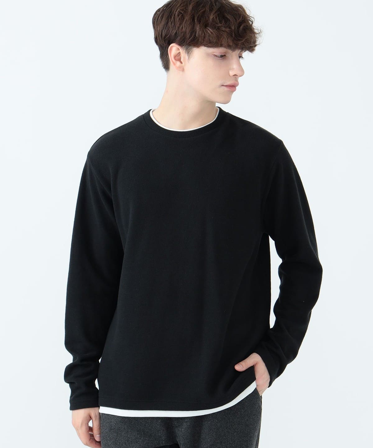 微起毛 ダブルフェイス フェイクレイヤー カットソー Tシャツ・カットソー MEN BLACK XL 微起毛 ダブルフェイス フェイクレイヤー カットソー Tシャツ・カットソー MEN BLACK XL