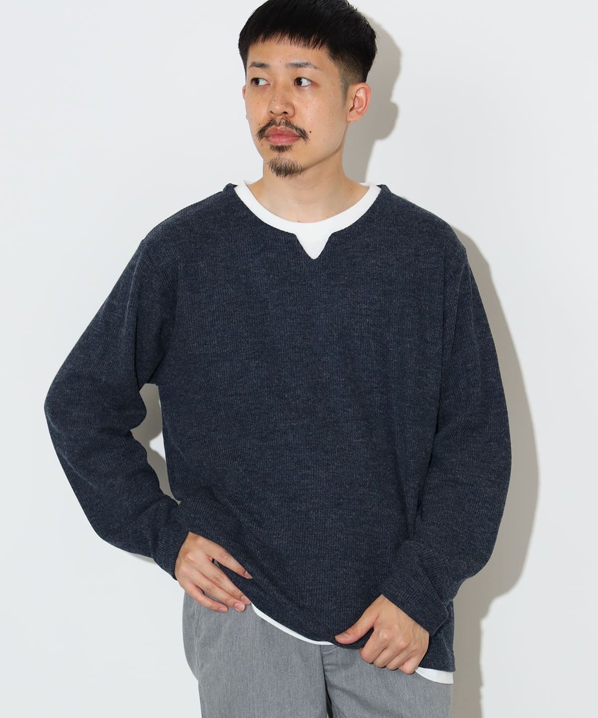 畦編み キーネック フェイクレイヤー カットソー Tシャツ・カットソー MEN NAVY M 畦編み キーネック フェイクレイヤー カットソー Tシャツ・カットソー MEN NAVY M