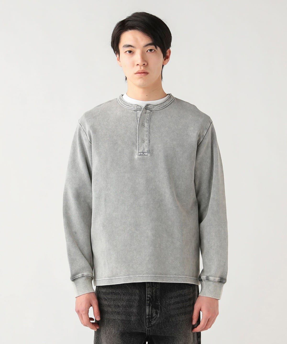 BEAMS HEART (BEAMS HEART) Processed Waffle Henley Neck Long Sleeve