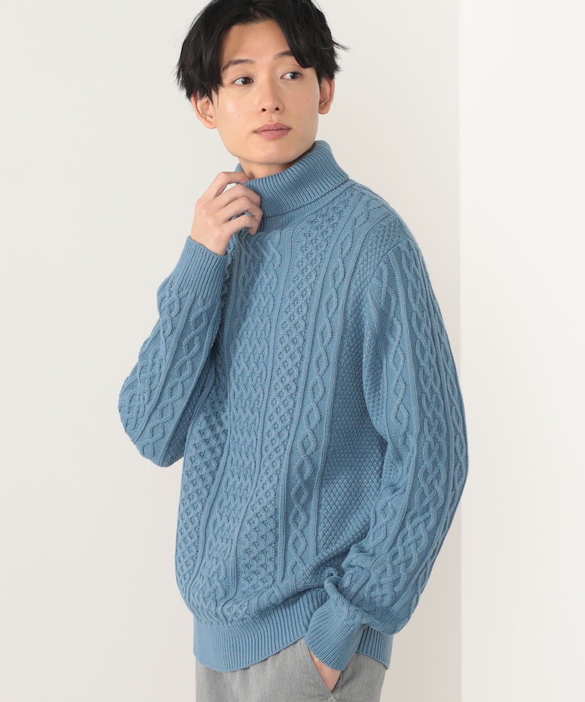 ケーブル編 タートルネック ニット トップス MEN SMOKE BLUE S ケーブル編 タートルネック ニット トップス MEN SMOKE BLUE S