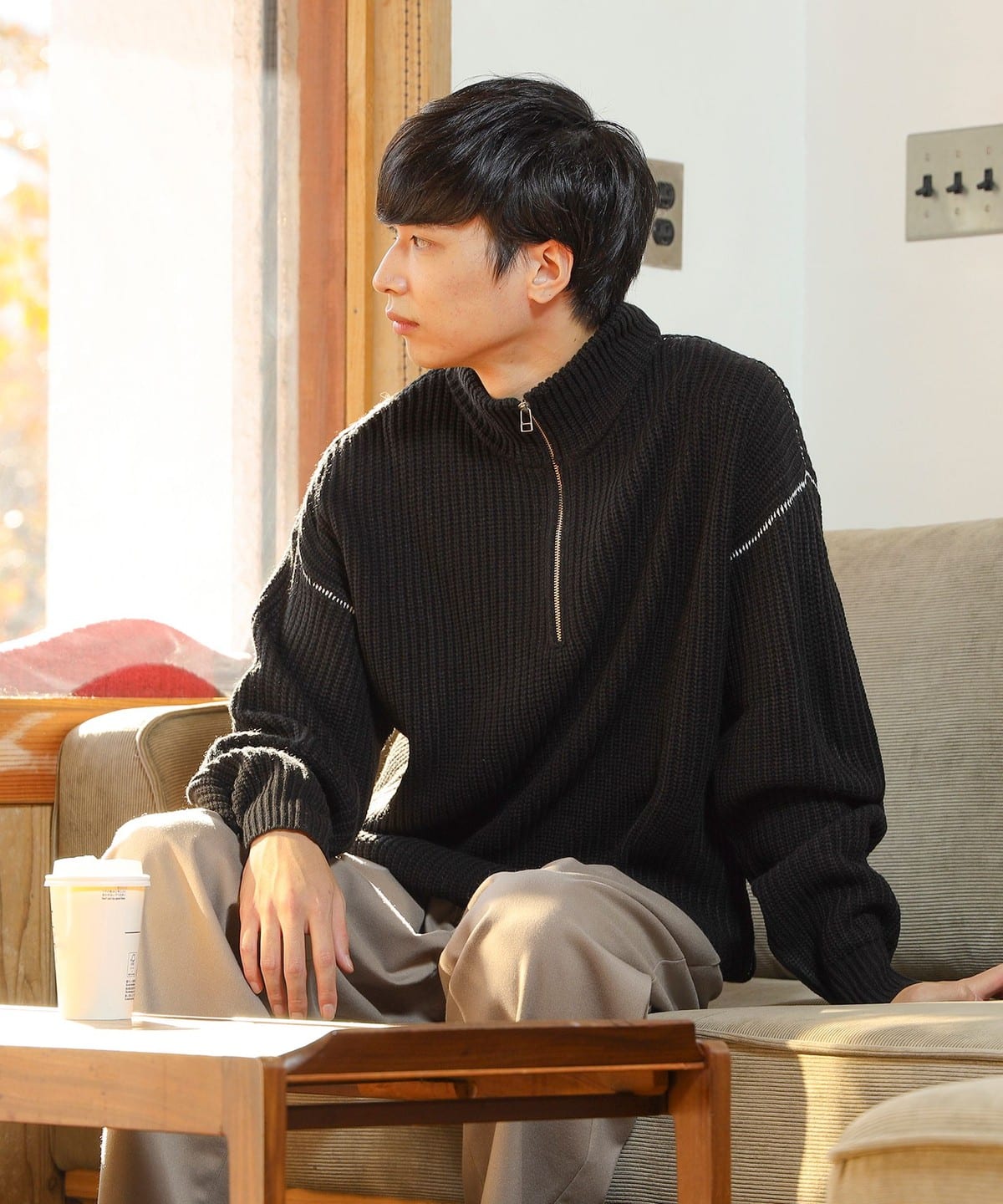 片畔 ハーフジップ ニット トップス MEN BLACK S 片畔 ハーフジップ ニット トップス MEN BLACK S