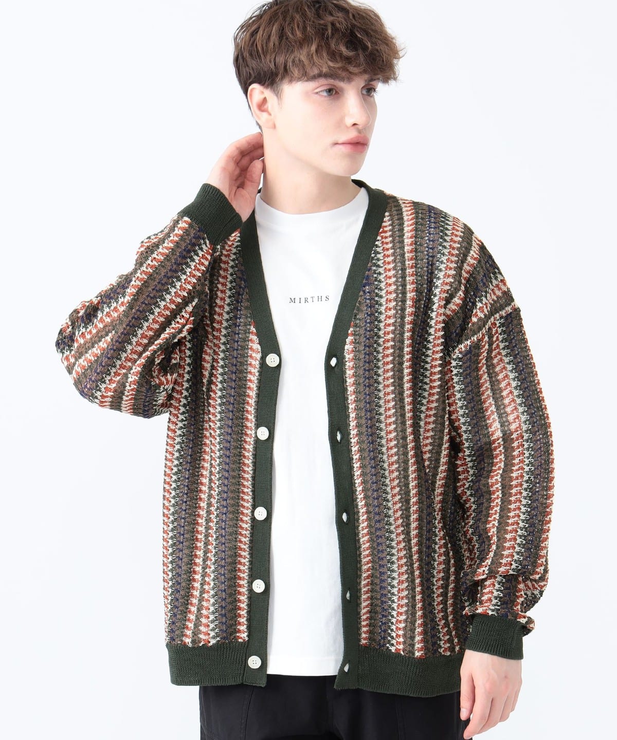 ストライプ メッシュ カーディガン(Tシャツセット) トップス MEN DARK GREEN S ストライプ メッシュ カーディガン(Tシャツセット) トップス MEN DARK GREEN S