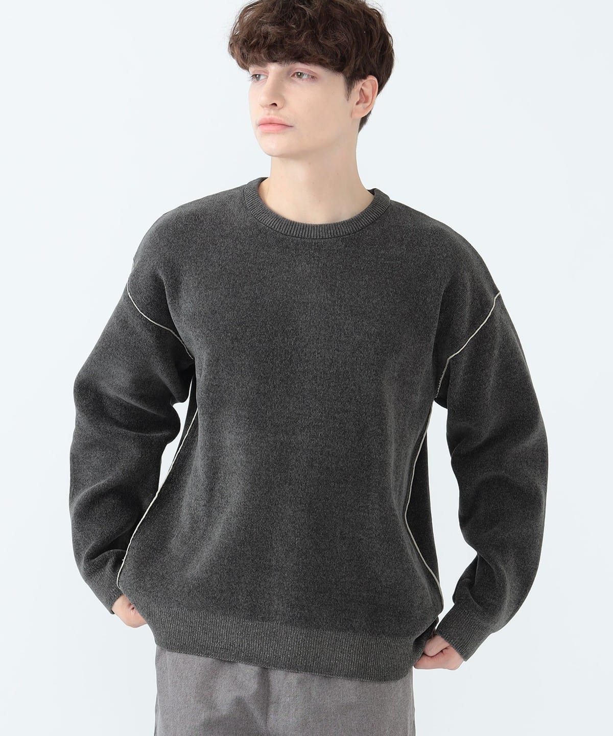 ダブルフェイス モール クルーネック ニット トップス MEN CHARCOAL GREY S ダブルフェイス モール クルーネック ニット トップス MEN CHARCOAL GREY S