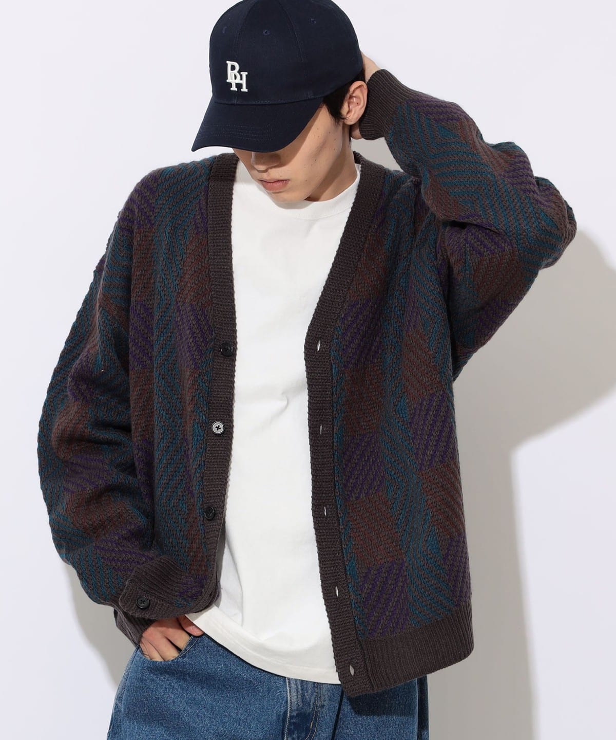 レトロ ジャカード カーディガン トップス MEN CHARCOAL GREY M レトロ ジャカード カーディガン トップス MEN CHARCOAL GREY M
