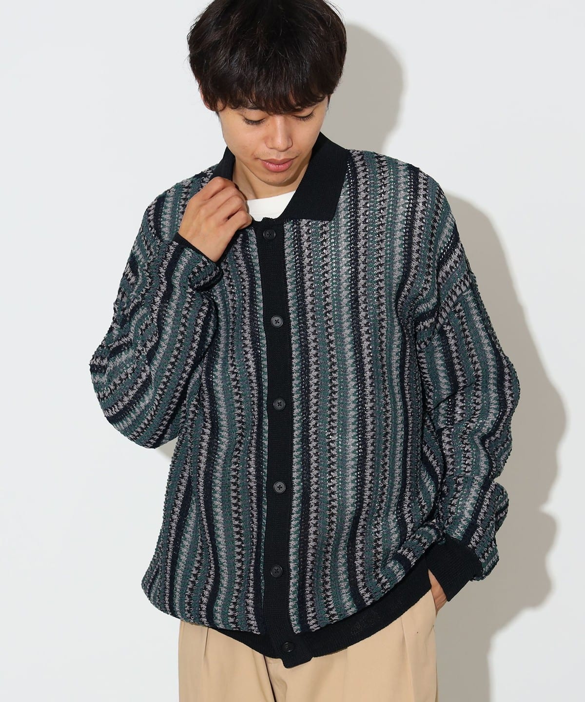 ストライプ 襟付き カーディガン トップス MEN GREEN M ストライプ 襟付き カーディガン トップス MEN GREEN M