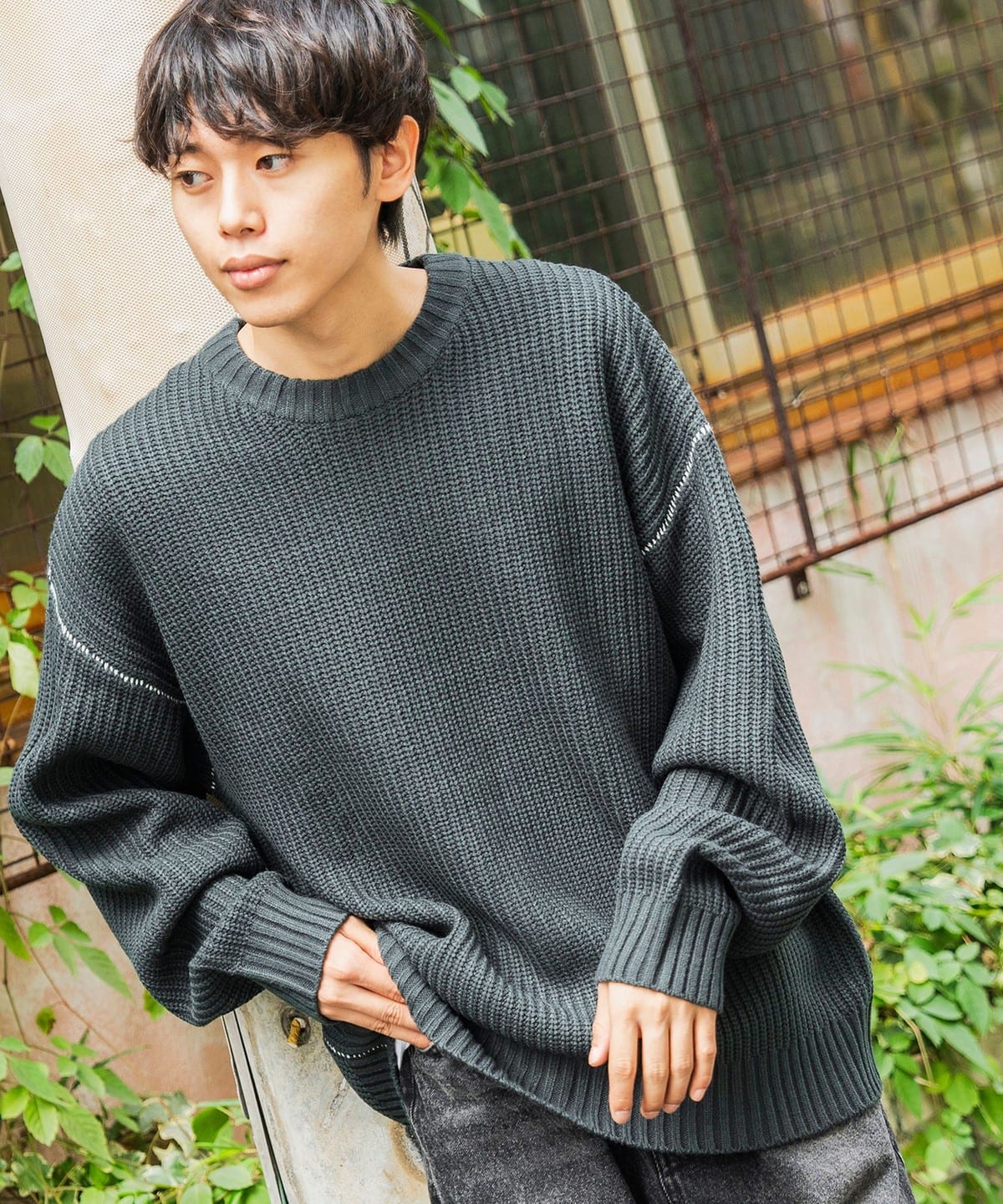 カタアゼ ビッグ クルーネック ニット トップス MEN DARK GRN L カタアゼ ビッグ クルーネック ニット トップス MEN DARK GRN L