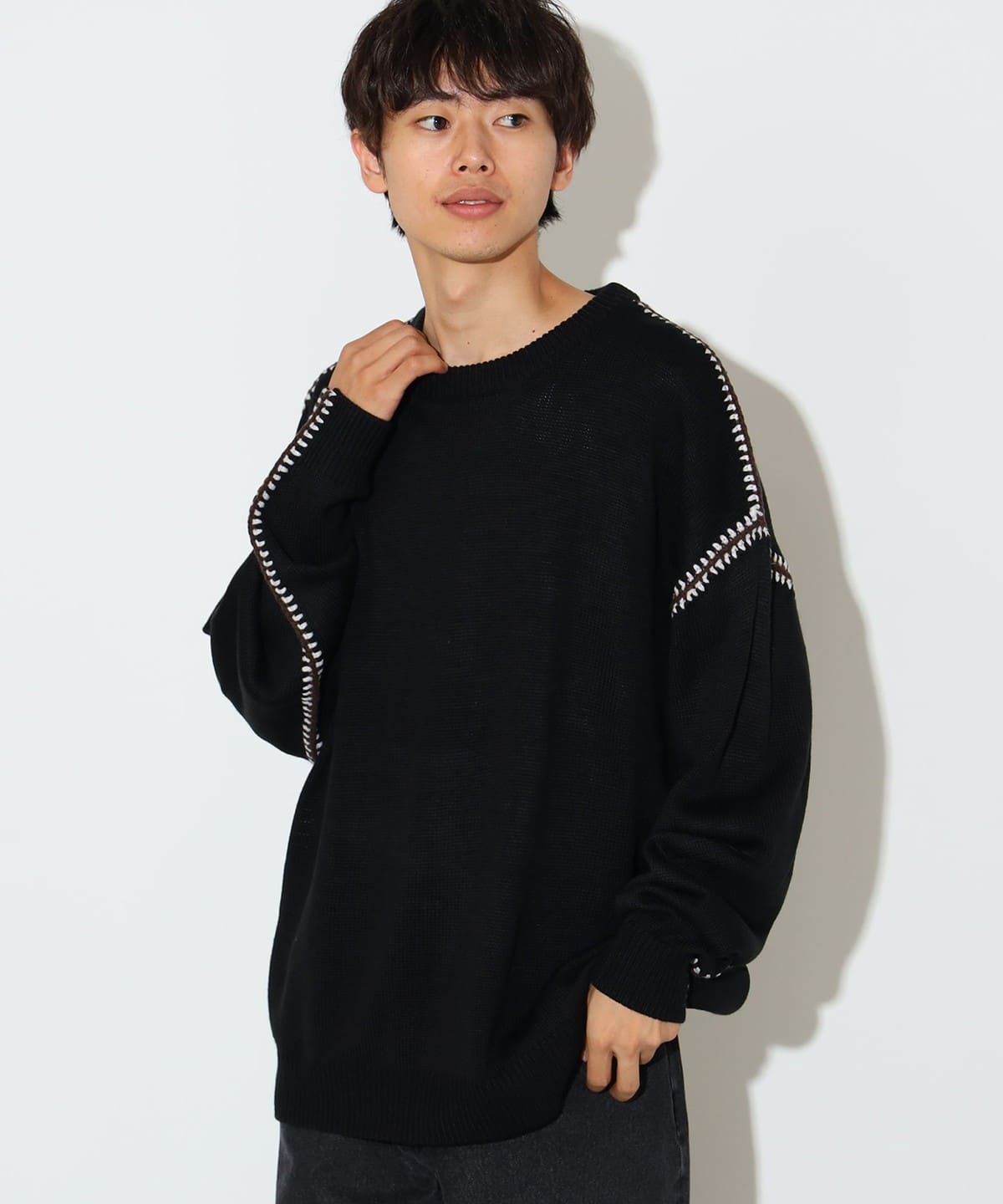 ブランケットステッチ クルーネック ニット トップス MEN BLACK S ブランケットステッチ クルーネック ニット トップス MEN BLACK S