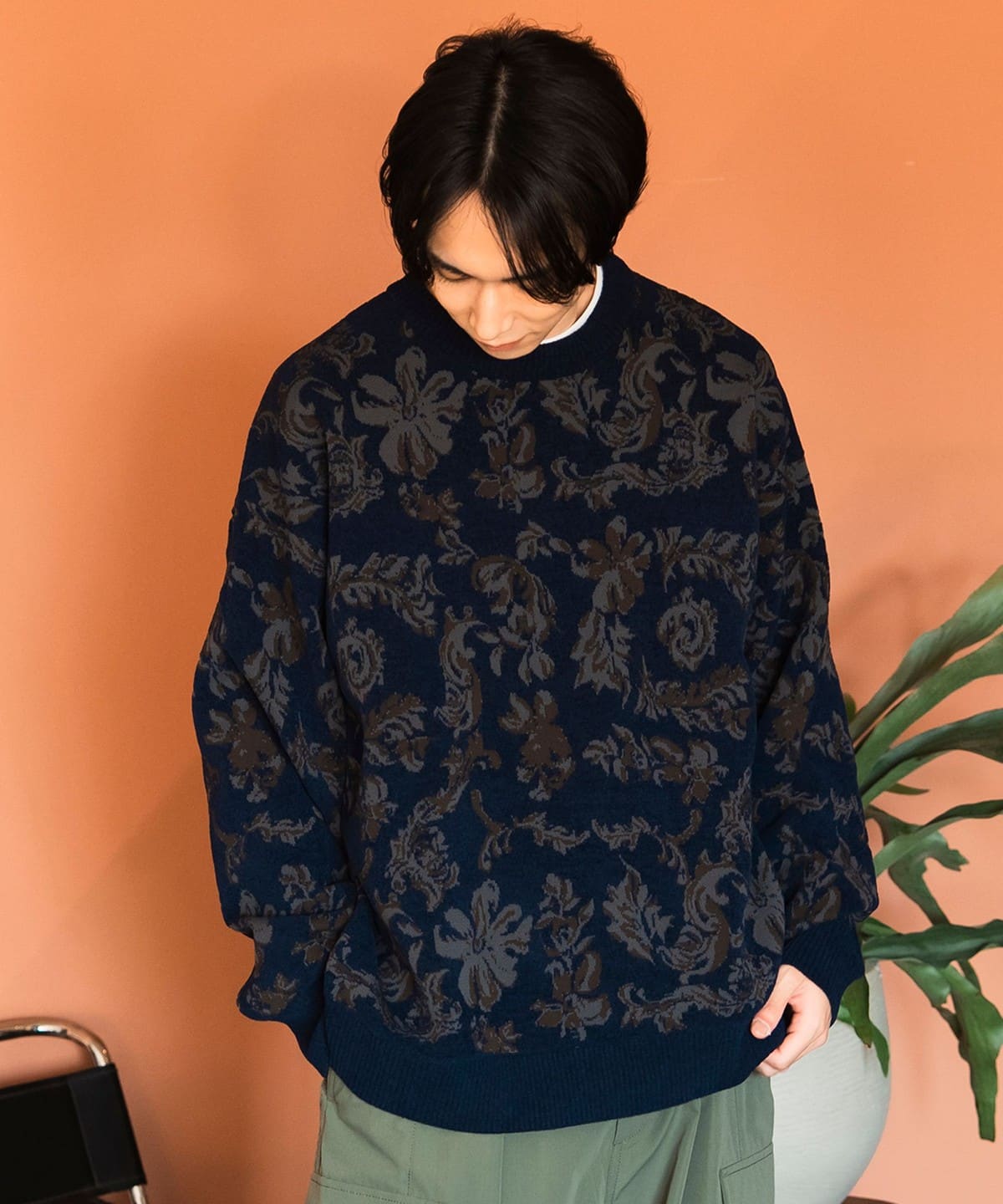 フラワー ジャガード クルーネック ニット トップス MEN NAVY M フラワー ジャガード クルーネック ニット トップス MEN NAVY M