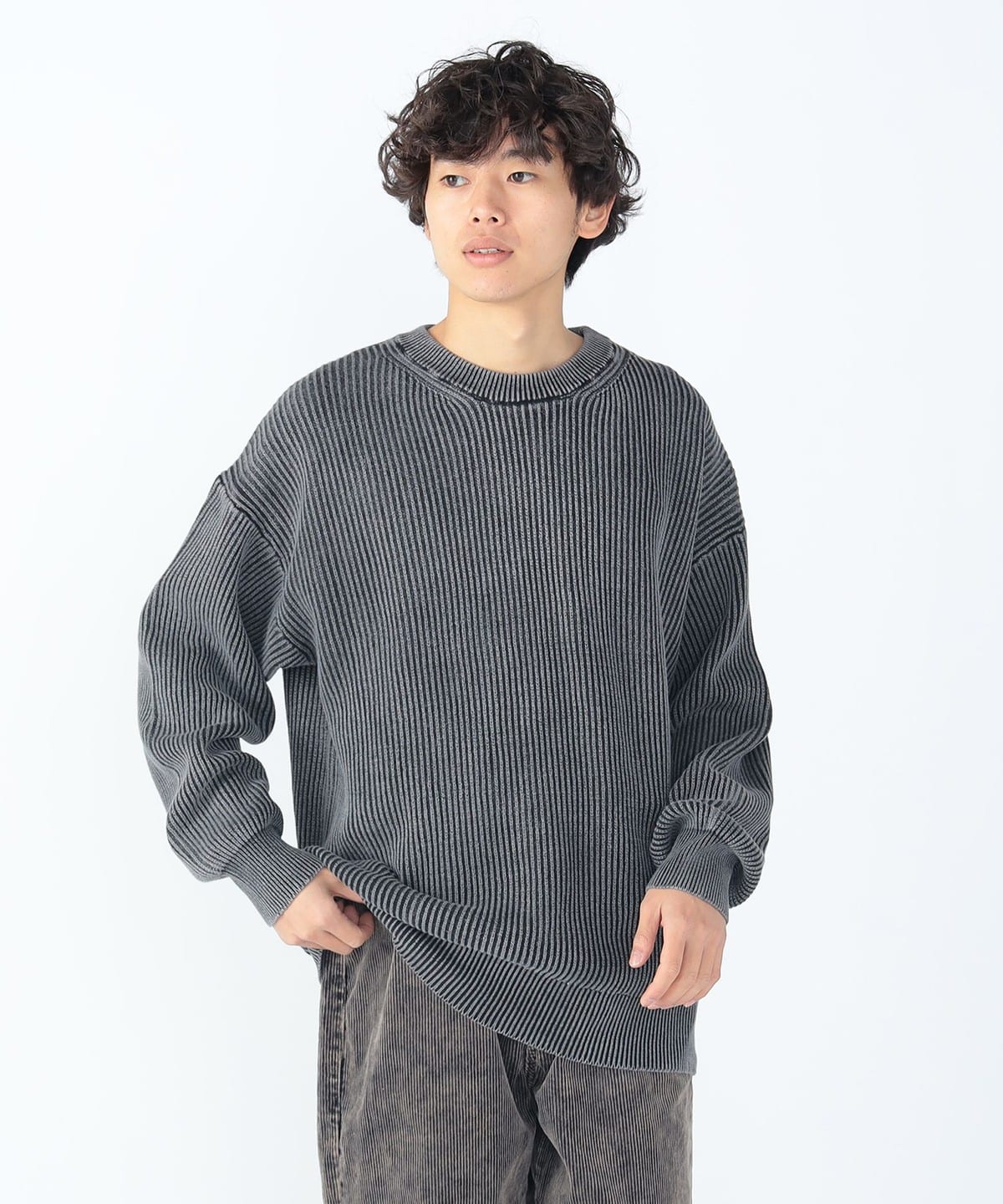 コットン フェード 片畦 クルーネック ニット トップス MEN BLACK M コットン フェード 片畦 クルーネック ニット トップス MEN BLACK M