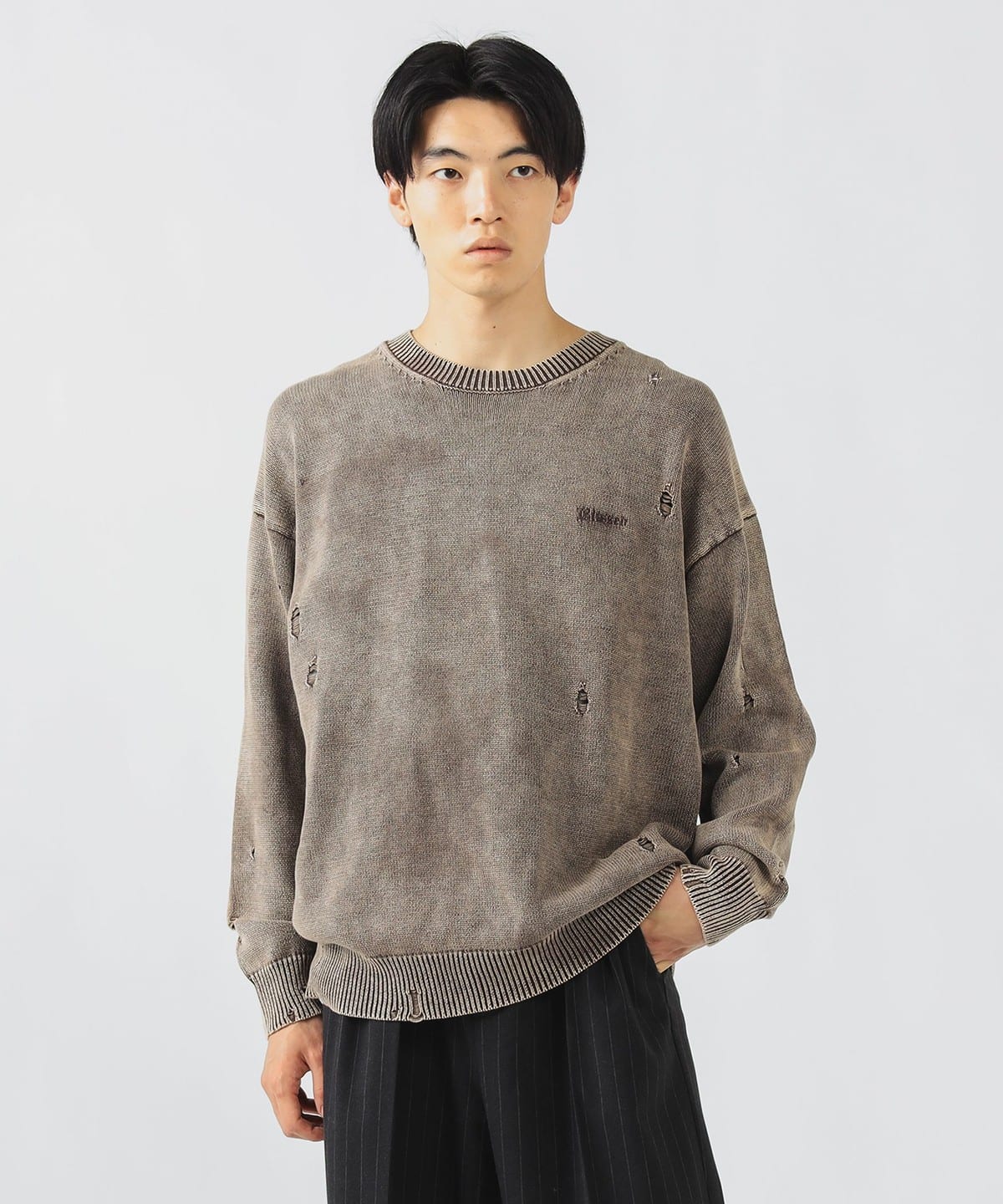 フェード ダメージ クルー ニット トップス MEN BROWN S フェード ダメージ クルー ニット トップス MEN BROWN S