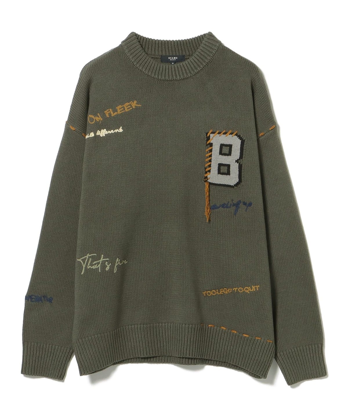 Bイニシャル レタード クルーネック ニット トップス MEN GREEN S Bイニシャル レタード クルーネック ニット トップス MEN GREEN S