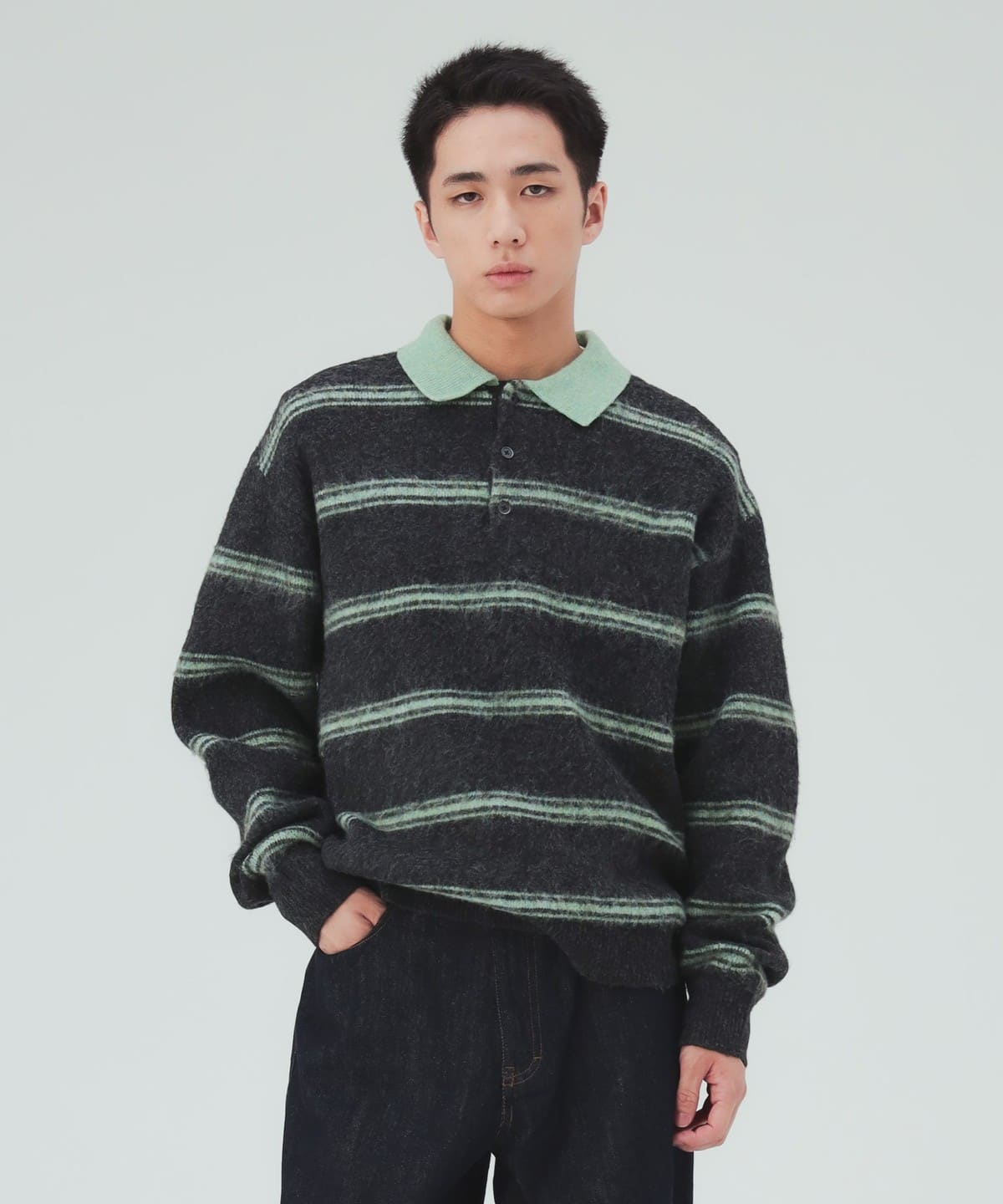 BEAMS 長袖ポロシャツ ボーダー柄 グリーン ブラック BEAMS HEART（ビームス ハート）シャギー ニット ポロ（トップス