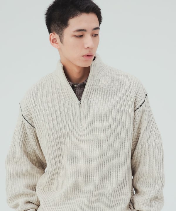 片畔編み 配色リンキング ハーフジップニット [H:183cm C:80 W:68 H:89.5 Size:L]