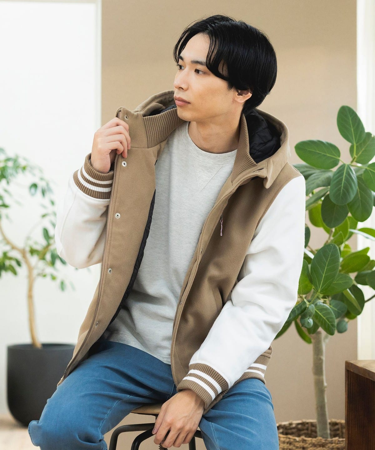 メルトン フード スタジャン ブルゾン MEN BEIGE L メルトン フード スタジャン ブルゾン MEN BEIGE L