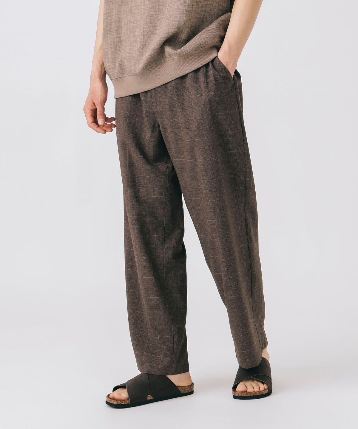 アンクル チェック ワイド イージーパンツ (吸水速乾・接触冷感) パンツ MEN BROWN S アンクル チェック ワイド イージーパンツ (吸水速乾・接触冷感) パンツ MEN BROWN S