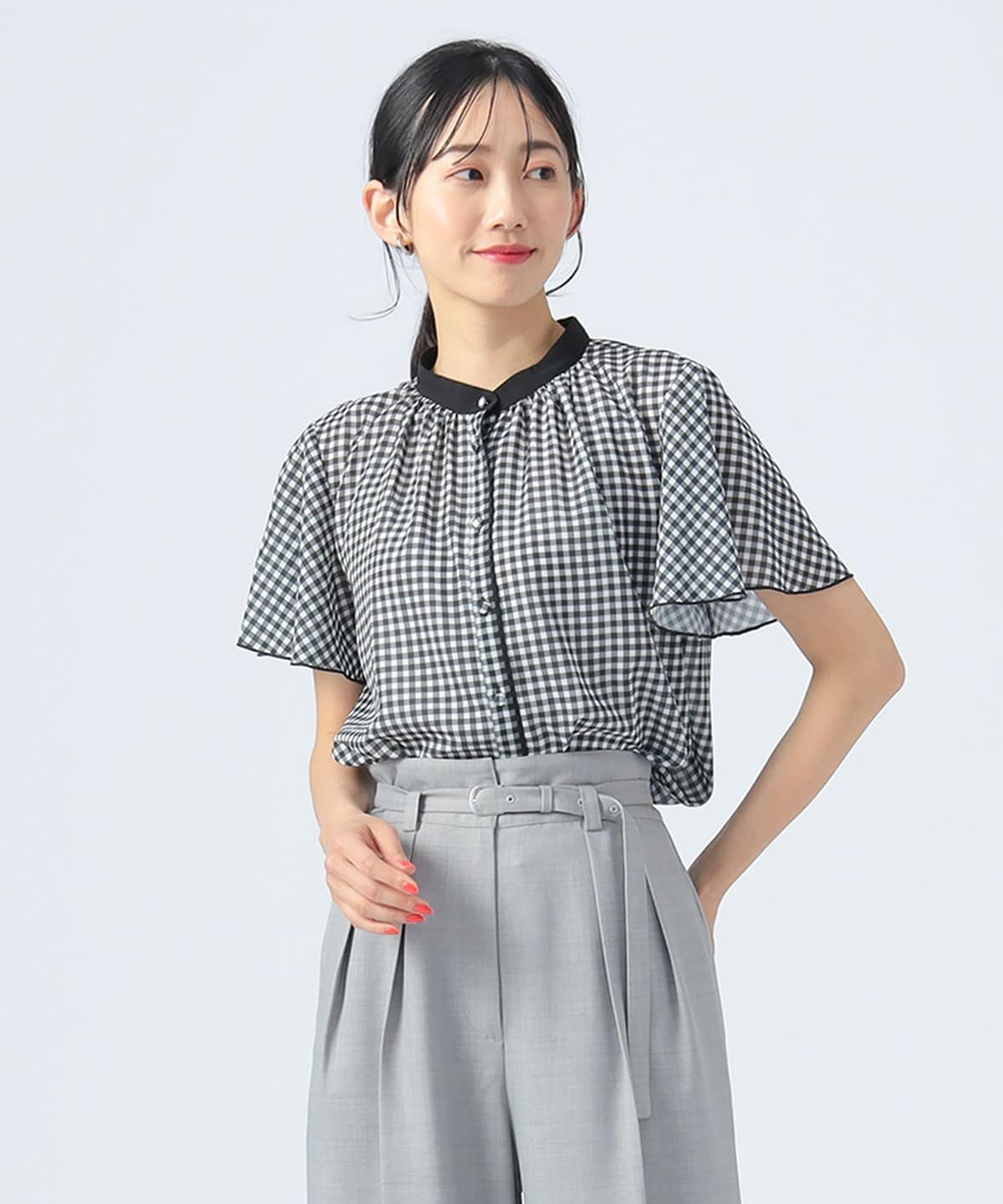 クレリック 袖メローブラウス シャツ・ブラウス WOMEN BLACK GINGHAM ONE SIZE クレリック 袖メローブラウス シャツ・ブラウス WOMEN BLACK GINGHAM ONE SIZE