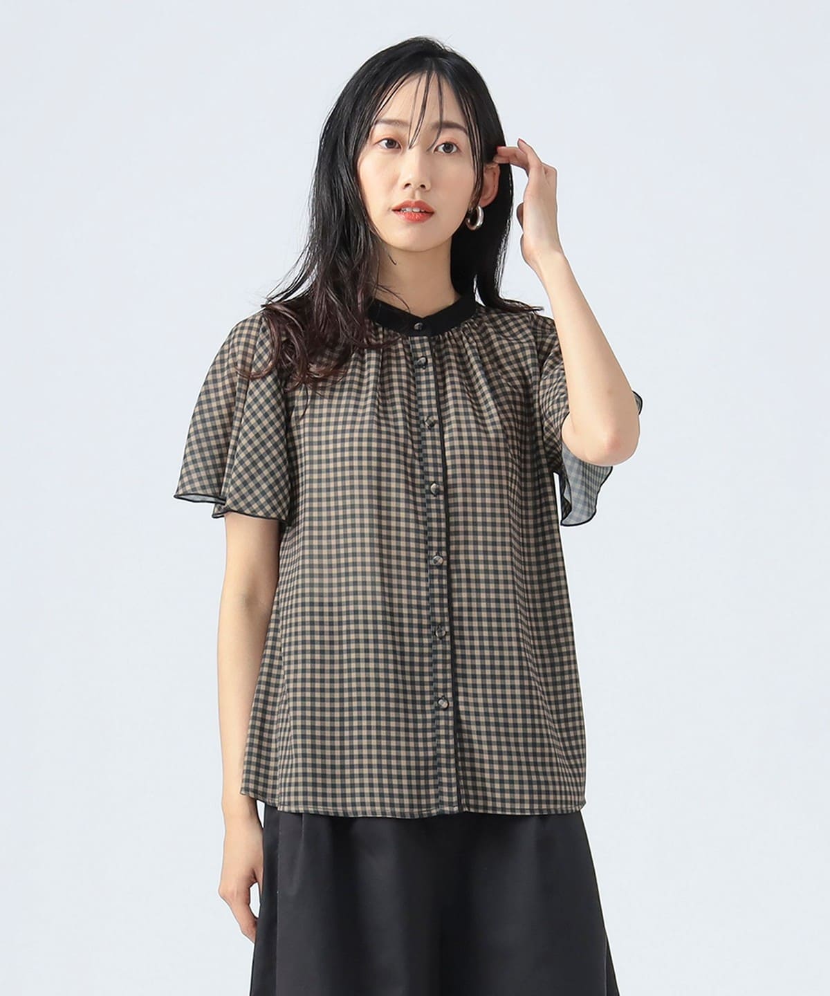 クレリック 袖メローブラウス シャツ・ブラウス WOMEN BROWN GINGHAM ONE SIZE クレリック 袖メローブラウス シャツ・ブラウス WOMEN BROWN GINGHAM ONE SIZE