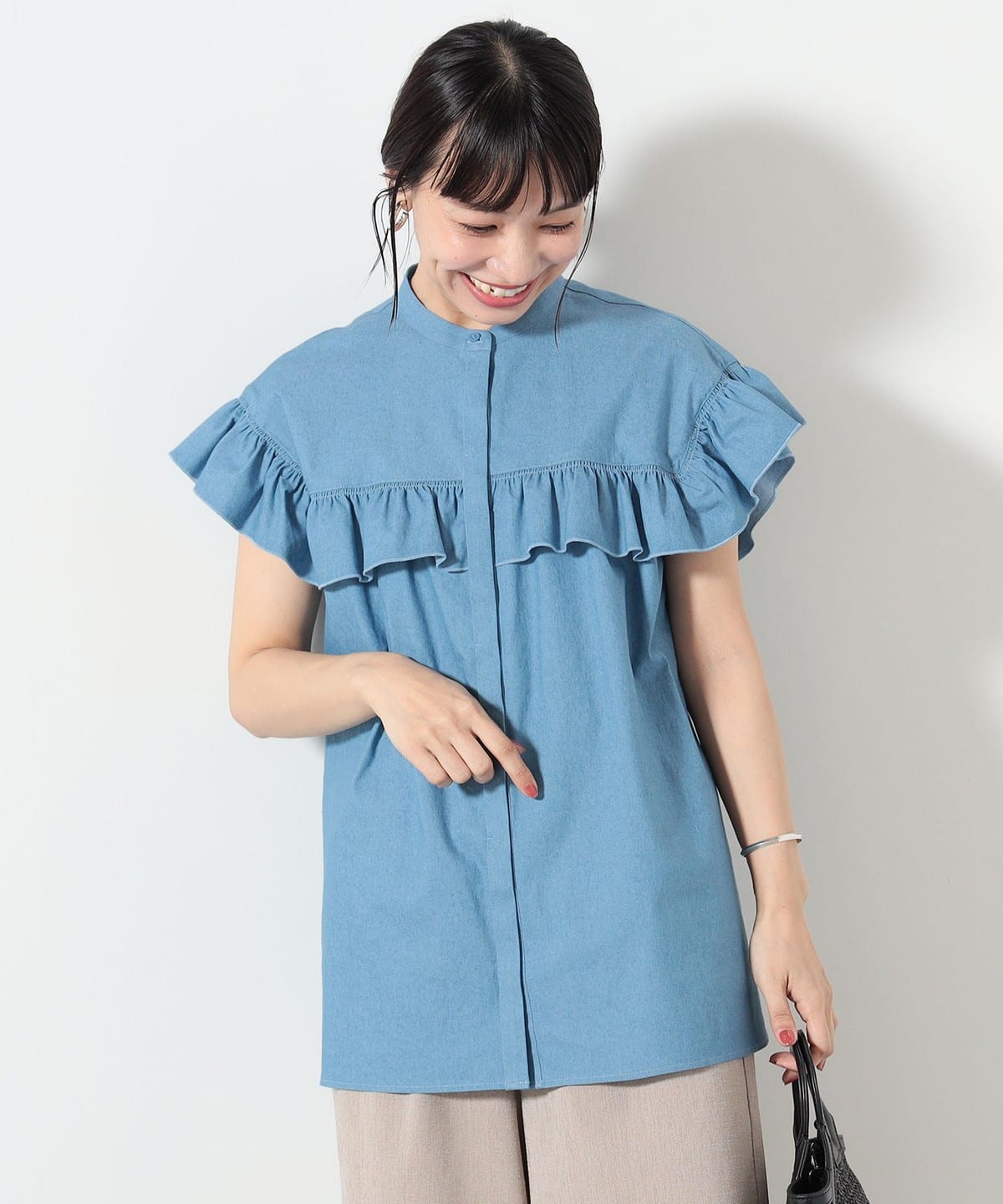 バンドカラー フリルブラウス シャツ・ブラウス WOMEN INDIGO ONE SIZE バンドカラー フリルブラウス シャツ・ブラウス WOMEN INDIGO ONE SIZE