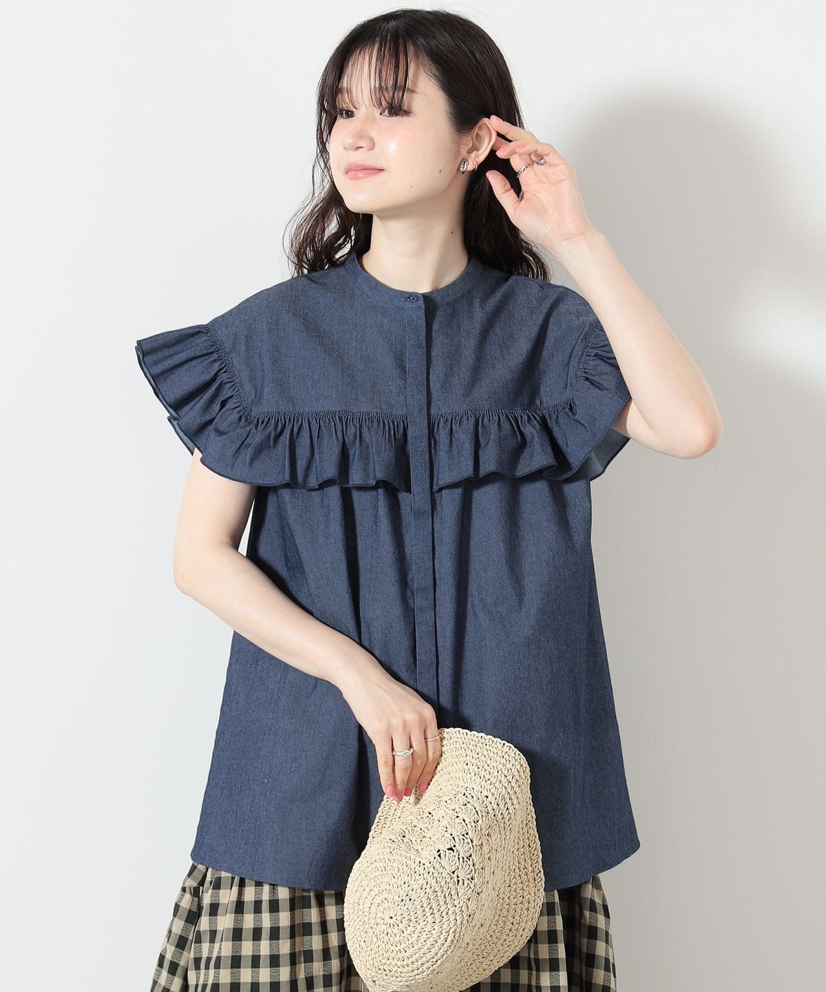 バンドカラー フリルブラウス シャツ・ブラウス WOMEN INDIGO ONE SIZE バンドカラー フリルブラウス シャツ・ブラウス WOMEN INDIGO ONE SIZE