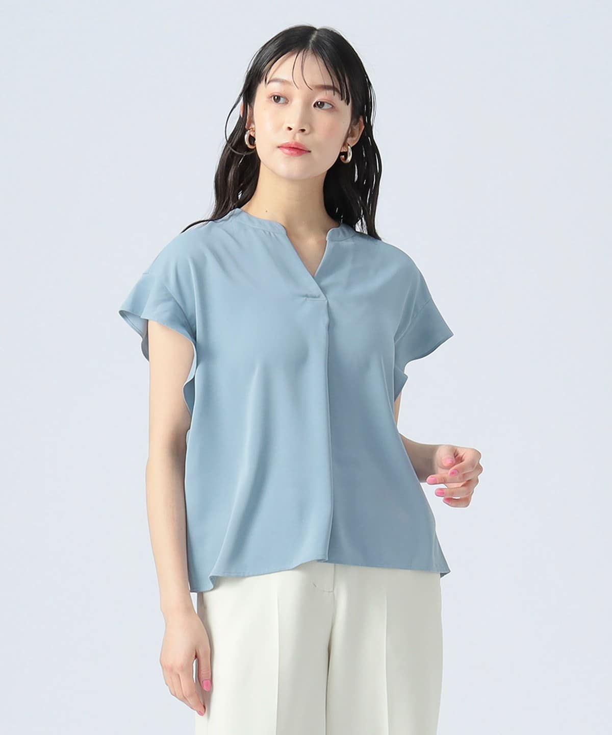フリル袖 スキッパー プルオーバー(洗濯可) シャツ・ブラウス WOMEN SAX ONE SIZE フリル袖 スキッパー プルオーバー(洗濯可) シャツ・ブラウス WOMEN SAX ONE SIZE
