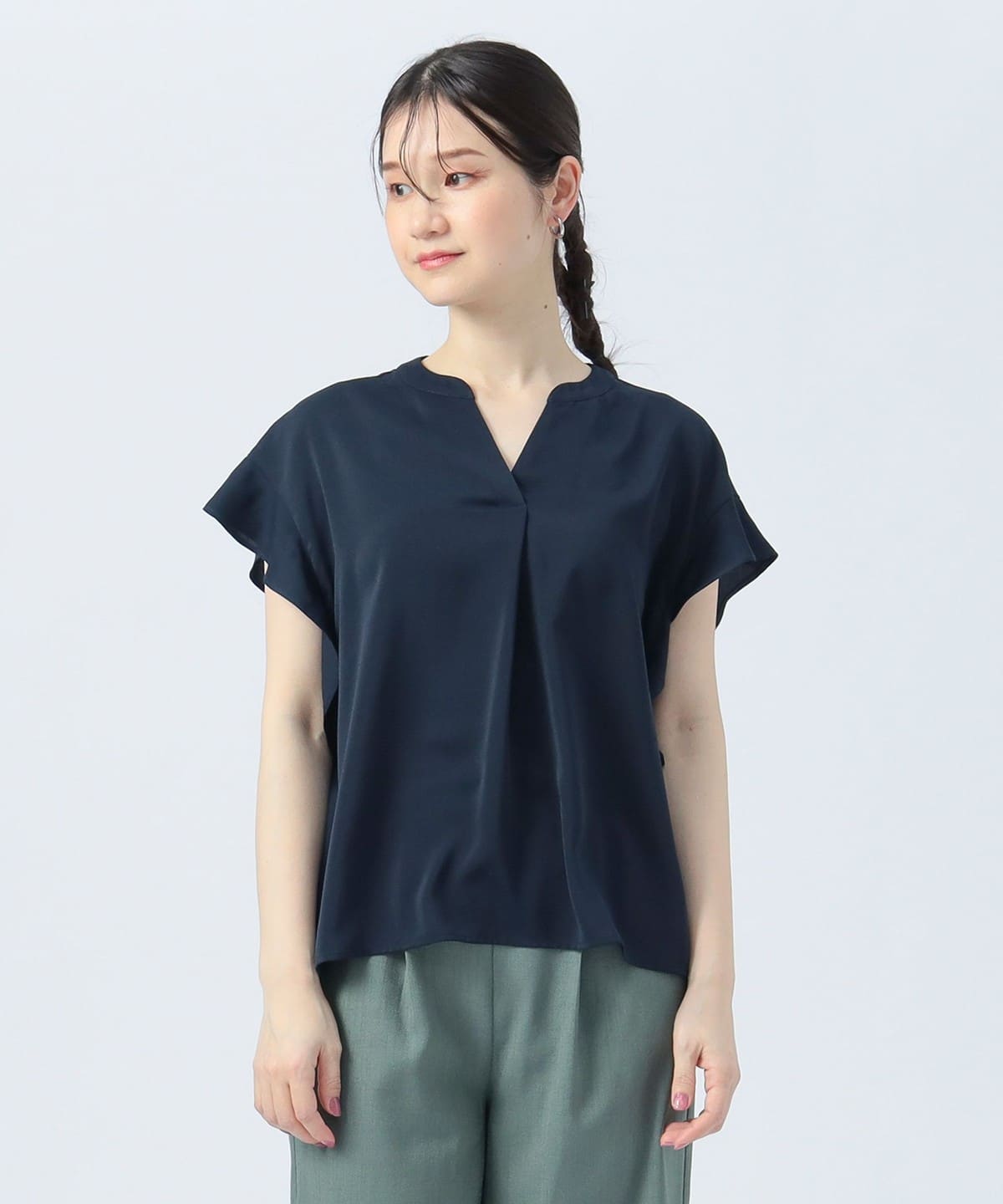 フリル袖 スキッパー プルオーバー(洗濯可) シャツ・ブラウス WOMEN NAVY ONE SIZE フリル袖 スキッパー プルオーバー(洗濯可) シャツ・ブラウス WOMEN NAVY ONE SIZE