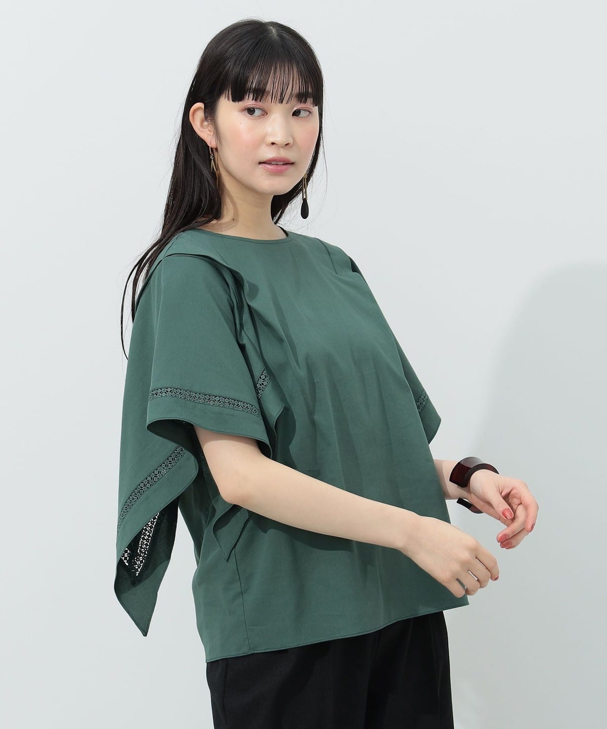 袖レース フレアスリーブ ブラウス シャツ・ブラウス WOMEN GREEN ONE SIZE 袖レース フレアスリーブ ブラウス シャツ・ブラウス WOMEN GREEN ONE SIZE