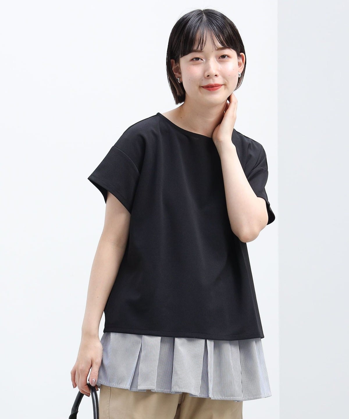 裾ストライプ レイヤード プルオーバー シャツ・ブラウス WOMEN BLACK ONE SIZE 裾ストライプ レイヤード プルオーバー シャツ・ブラウス WOMEN BLACK ONE SIZE