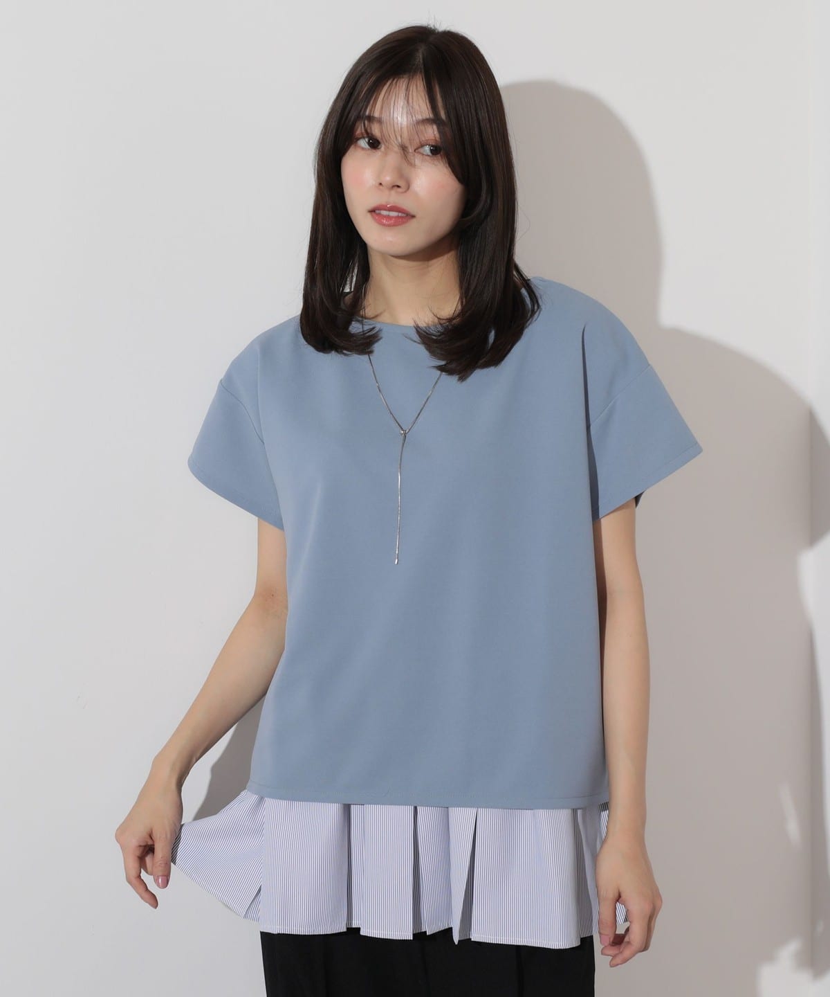 裾ストライプ レイヤード プルオーバー シャツ・ブラウス WOMEN SAX ONE SIZE 裾ストライプ レイヤード プルオーバー シャツ・ブラウス WOMEN SAX ONE SIZE