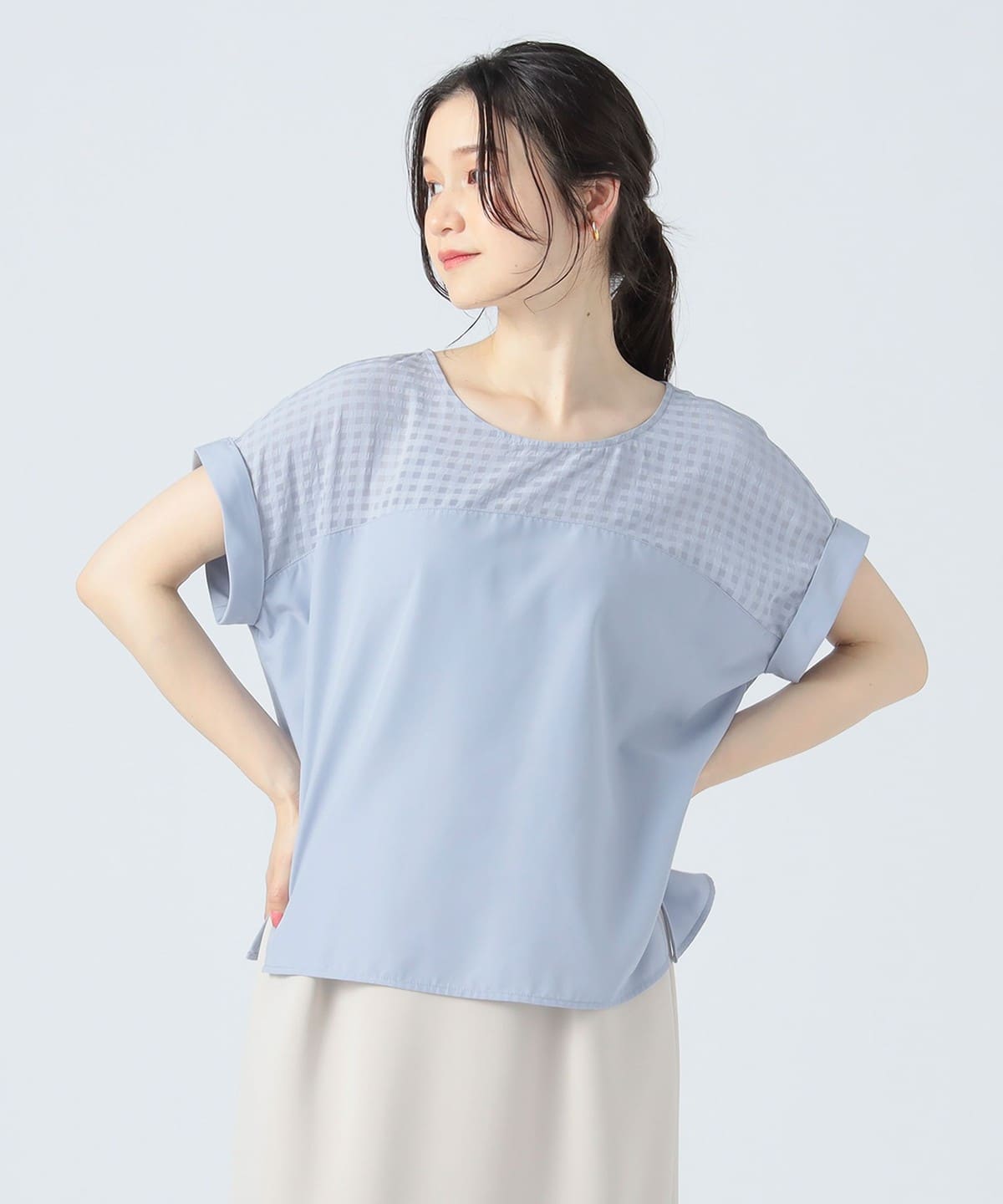 シアーチェック パネル プルオーバー シャツ・ブラウス WOMEN GREY ONE SIZE シアーチェック パネル プルオーバー シャツ・ブラウス WOMEN GREY ONE SIZE