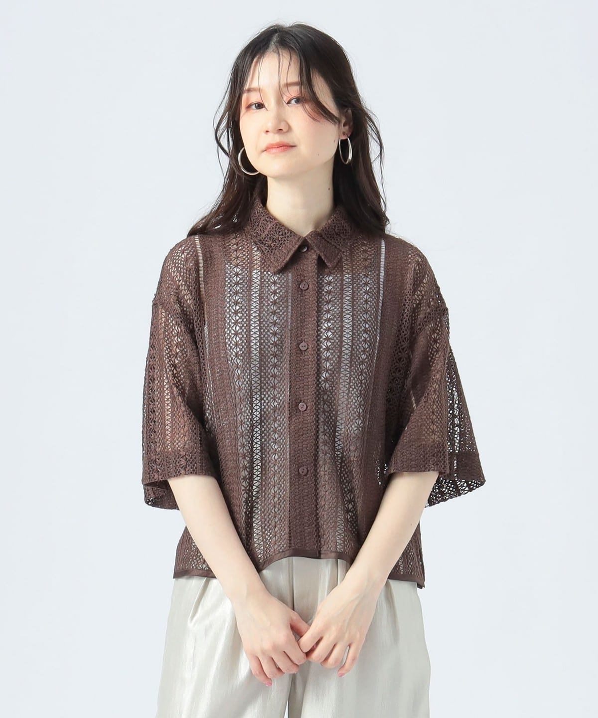レース クロップド シャツ(洗濯可) シャツ・ブラウス WOMEN BROWN ONE SIZE レース クロップド シャツ(洗濯可) シャツ・ブラウス WOMEN BROWN ONE SIZE