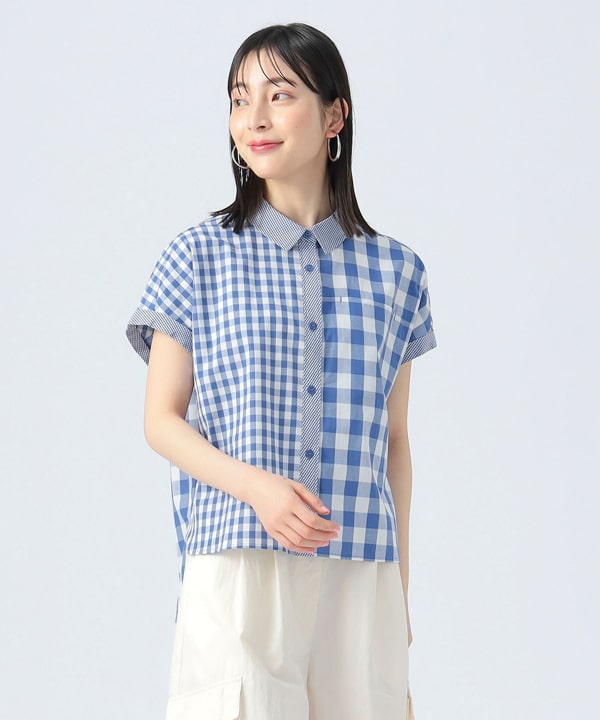 ビームス・ハート　ＢＥＡＭＳ・ＨＥＡＲＴ　半袖前開きシャツ　白　チェック　ＸＬ BEAMS HEART（ビームス ハート）クレイジー ギンガム シャツ