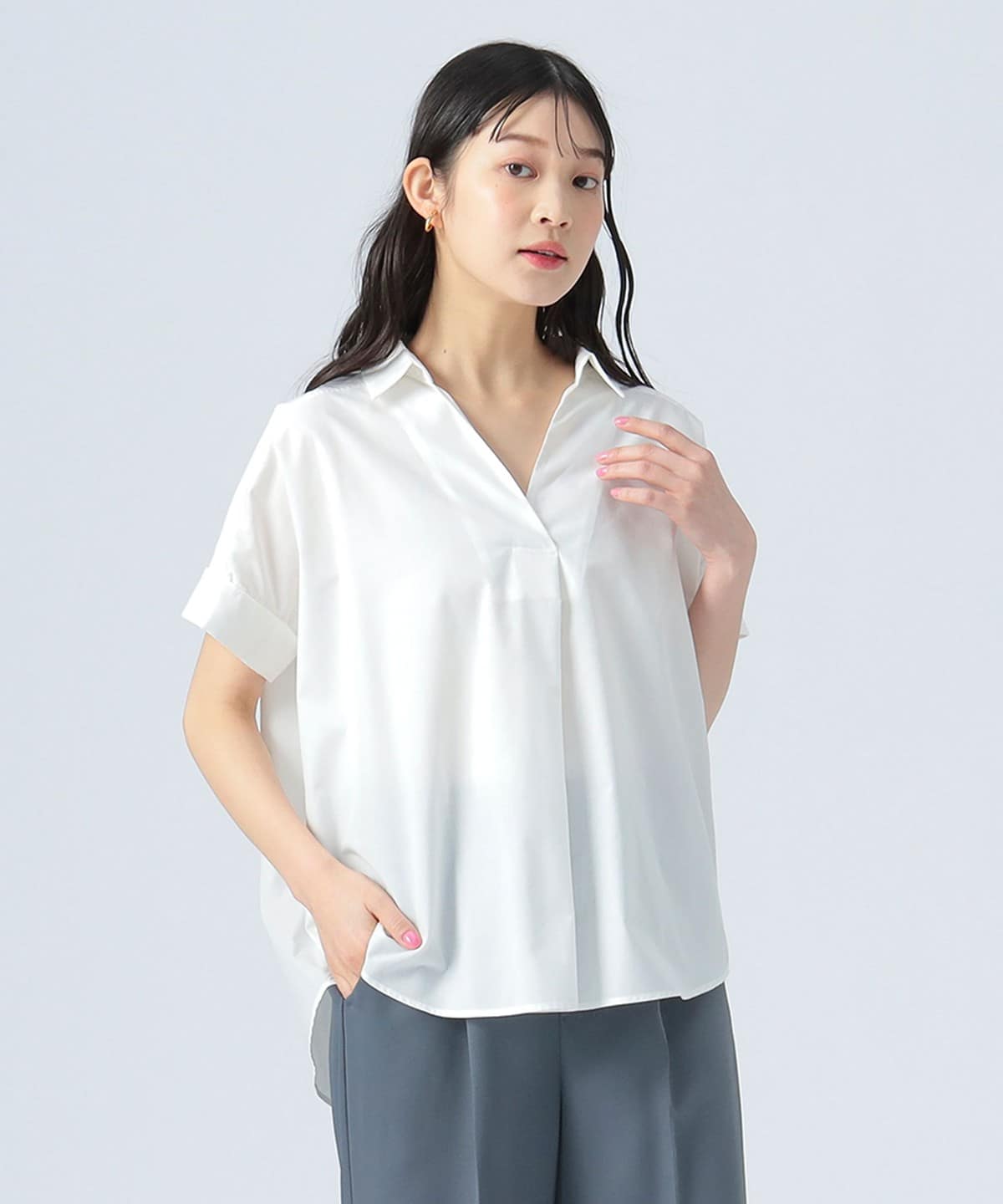 スキッパー プルオーバーシャツ (洗濯可) シャツ・ブラウス WOMEN OFF WHITE ONE SIZE スキッパー プルオーバーシャツ (洗濯可) シャツ・ブラウス WOMEN OFF WHITE ONE SIZE