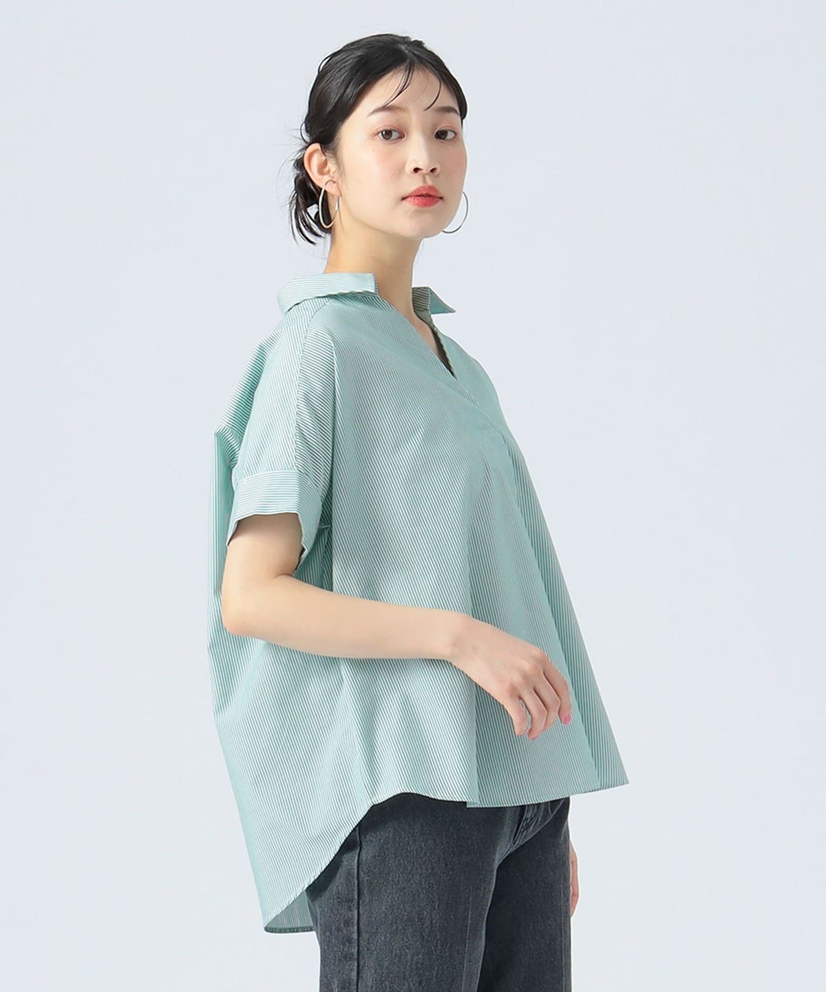 スキッパー プルオーバーシャツ (洗濯可) シャツ・ブラウス WOMEN GREEN STRIPE ONE SIZE スキッパー プルオーバーシャツ (洗濯可) シャツ・ブラウス WOMEN GREEN STRIPE ONE SIZE