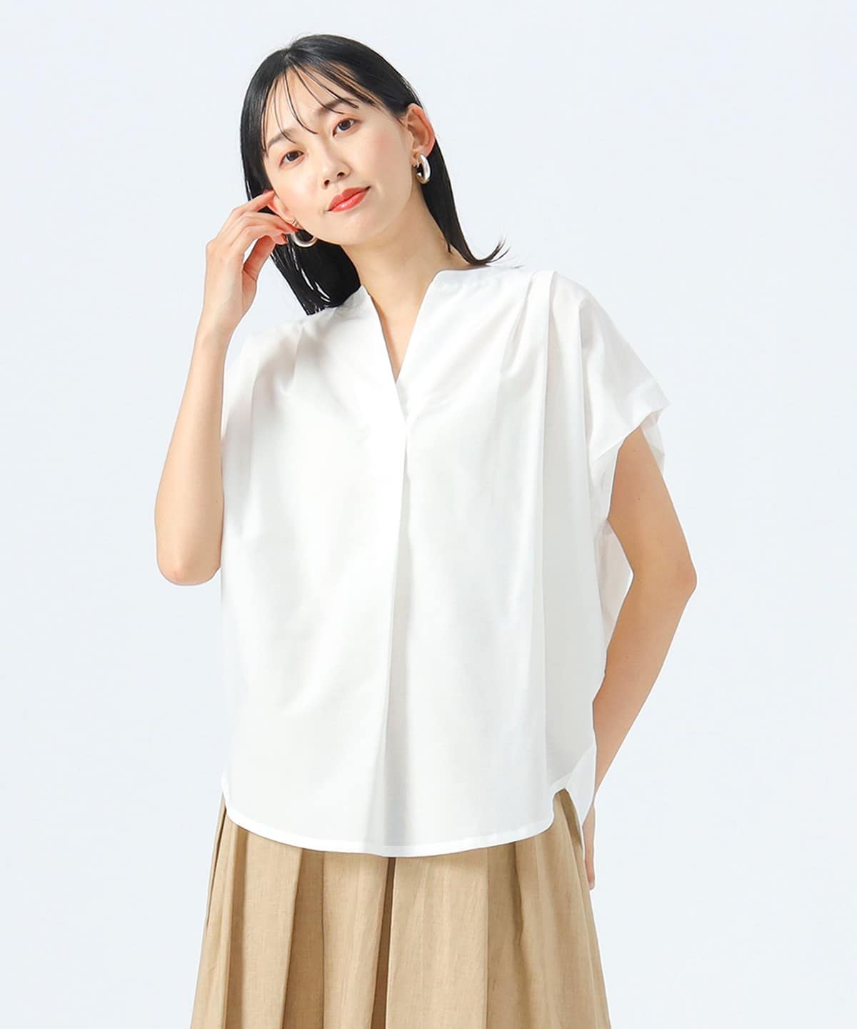 異素材 スキッパー ブラウス(洗濯可) シャツ・ブラウス WOMEN OFF WHITE ONE SIZE 異素材 スキッパー ブラウス(洗濯可) シャツ・ブラウス WOMEN OFF WHITE ONE SIZE