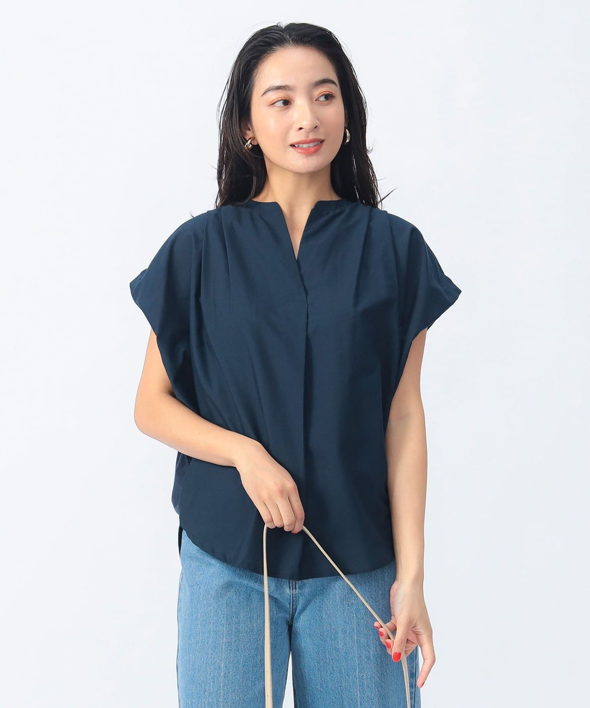 異素材 スキッパー ブラウス(洗濯可) シャツ・ブラウス WOMEN NAVY ONE SIZE 異素材 スキッパー ブラウス(洗濯可) シャツ・ブラウス WOMEN NAVY ONE SIZE