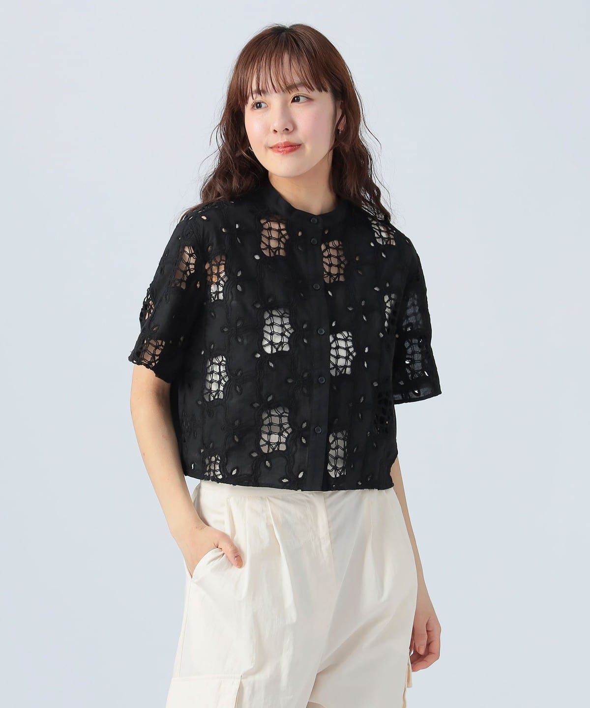 コードレース ノーカラー シャツ シャツ・ブラウス WOMEN BLACK ONE SIZE コードレース ノーカラー シャツ シャツ・ブラウス WOMEN BLACK ONE SIZE