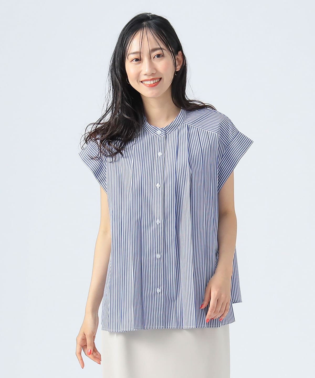 プリーツ ブロード シャツ(洗濯可) シャツ・ブラウス WOMEN BLUE STRIPE ONE SIZE プリーツ ブロード シャツ(洗濯可) シャツ・ブラウス WOMEN BLUE STRIPE ONE SIZE