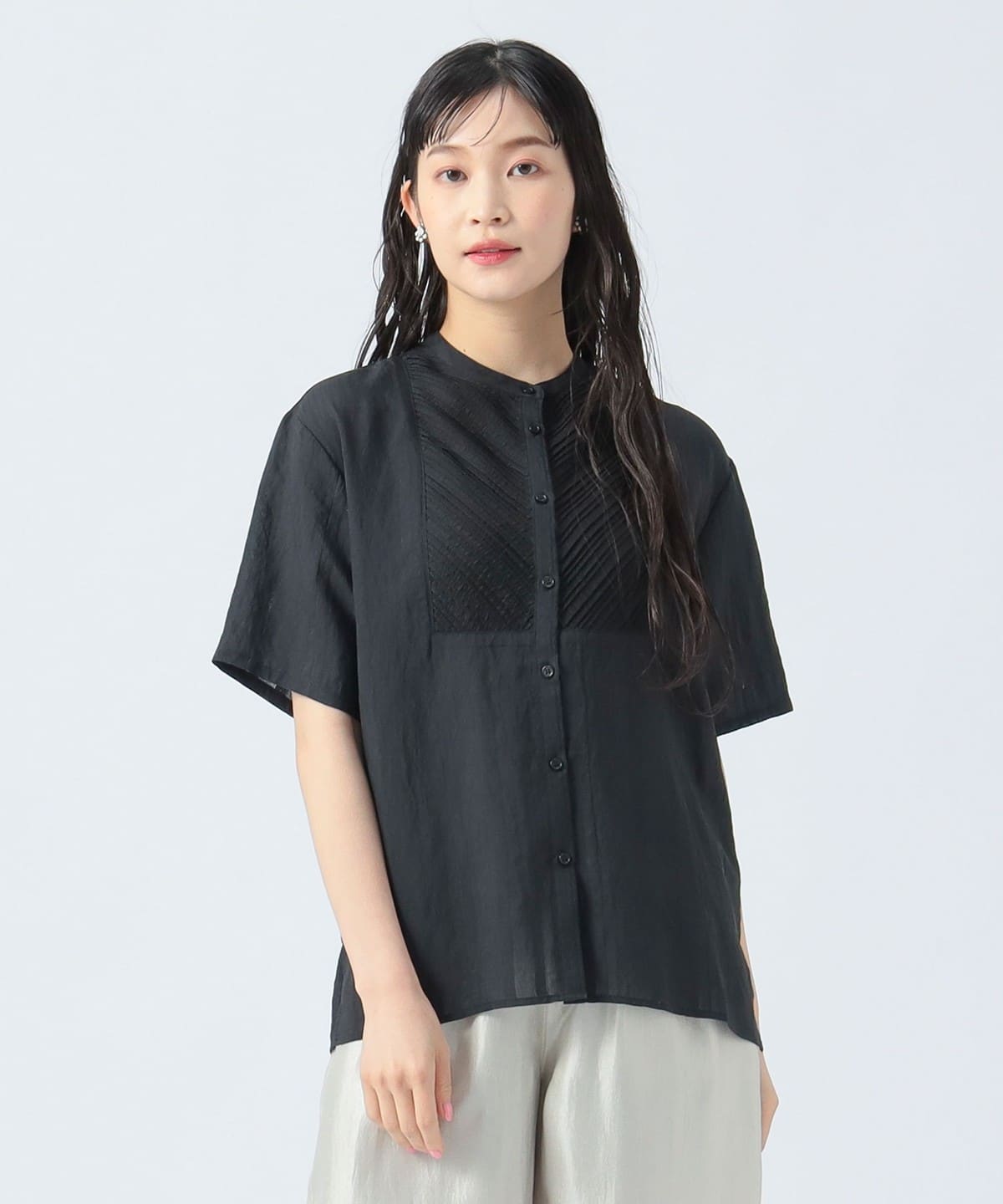 ストライプ柄 ピンタック シャツ シャツ・ブラウス WOMEN BLACK ONE SIZE ストライプ柄 ピンタック シャツ シャツ・ブラウス WOMEN BLACK ONE SIZE