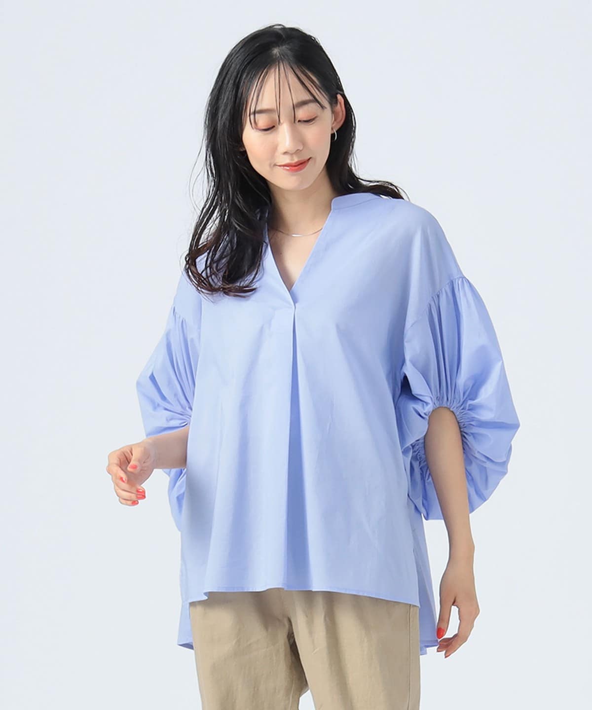 ギャザー スリーブ スキッパー ブラウス(洗濯可) シャツ・ブラウス WOMEN SAX ONE SIZE ギャザー スリーブ スキッパー ブラウス(洗濯可) シャツ・ブラウス WOMEN SAX ONE SIZE