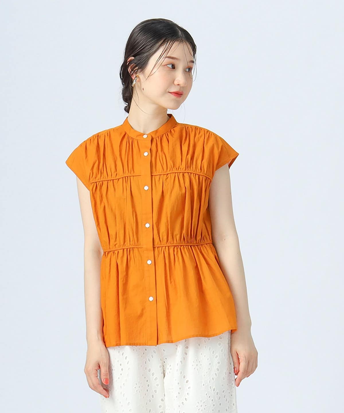 シャーリング ギャザー ブラウス シャツ・ブラウス WOMEN ORANGE ONE SIZE シャーリング ギャザー ブラウス シャツ・ブラウス WOMEN ORANGE ONE SIZE
