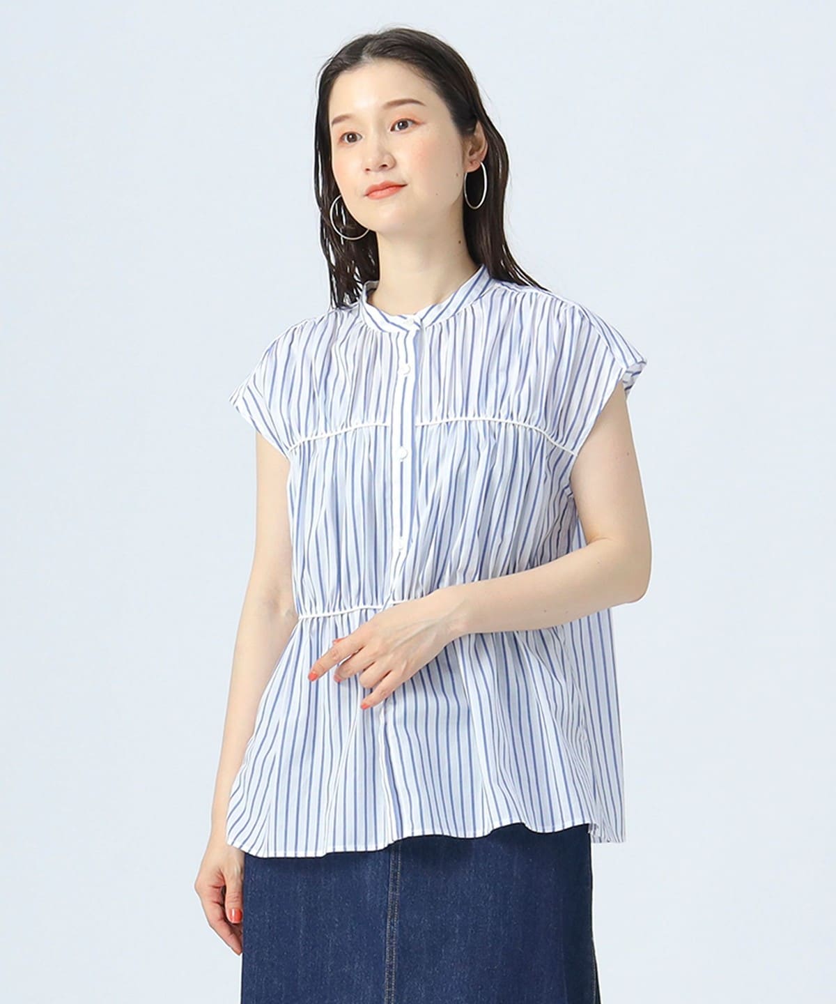 シャーリング ギャザー ブラウス シャツ・ブラウス WOMEN BLUE STRIPE ONE SIZE シャーリング ギャザー ブラウス シャツ・ブラウス WOMEN BLUE STRIPE ONE SIZE