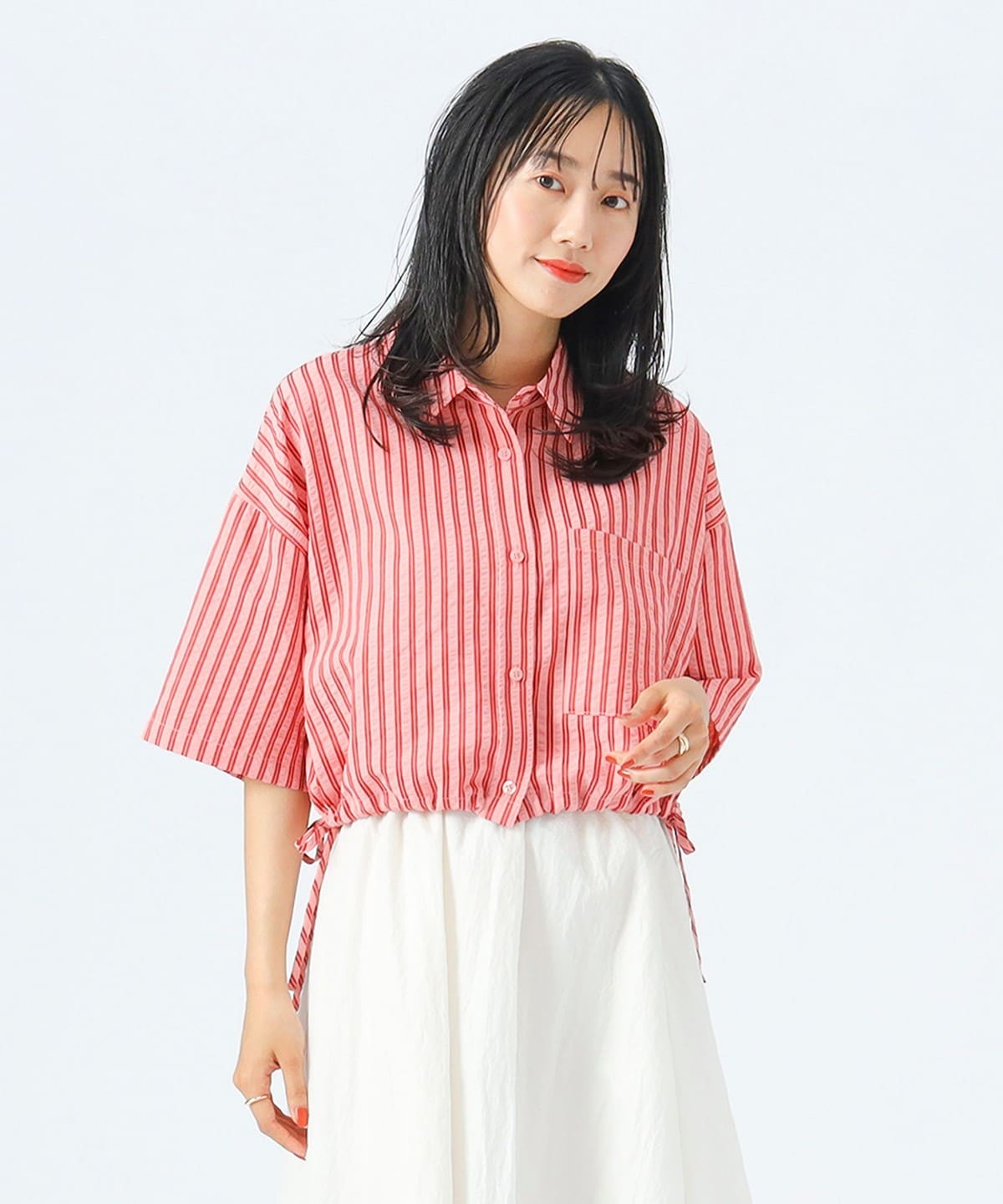 ストライプ柄 ドロスト ハーフスリーブシャツ シャツ・ブラウス WOMEN PINK ONE SIZE ストライプ柄 ドロスト ハーフスリーブシャツ シャツ・ブラウス WOMEN PINK ONE SIZE